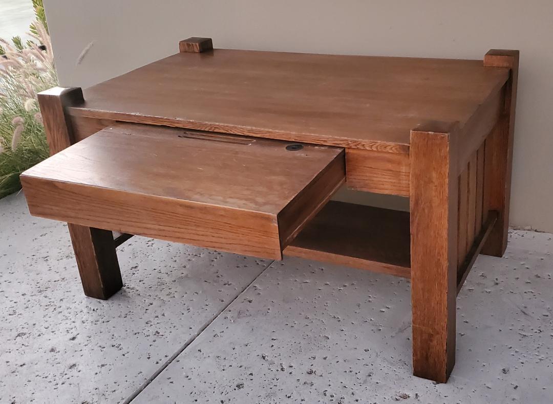 Rare 1900s Antique Mission Oak Craftsmen Library Table With Pullout Writing Desk With Ink Well