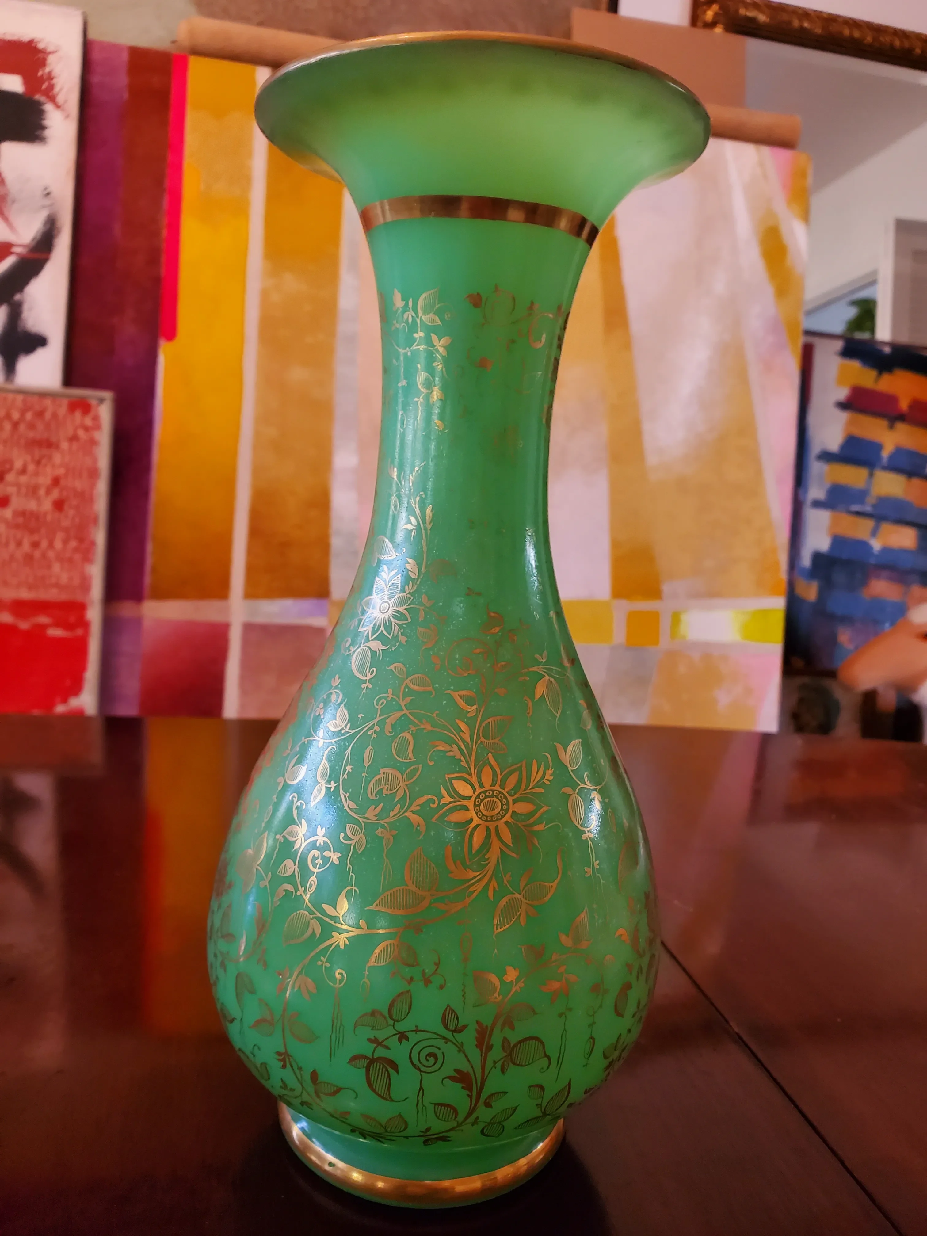 Antique Baccarat Style Jade French Opaline Vase Gold Gilt | Chairish