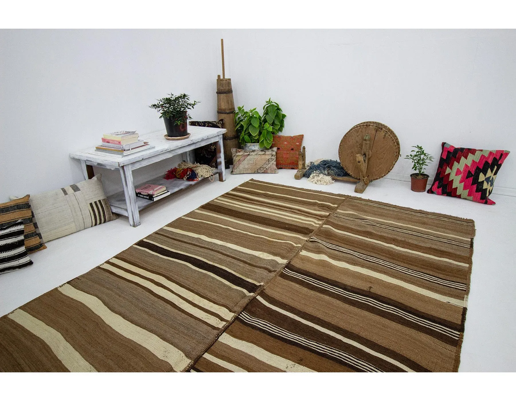 1960s Vintage Striped Natural Brown Kilim Rug- 6′2″ × 10′9″