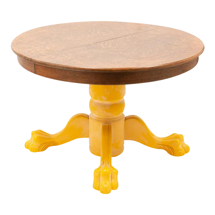 Antique Stickley Style Yellow Painted QuarterSawn Oak Round Dining