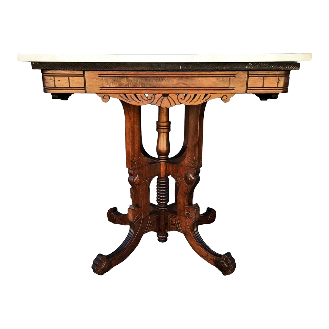 Late 19th Century Antique Victorian Eastlake Walnut Marble Top Parlor