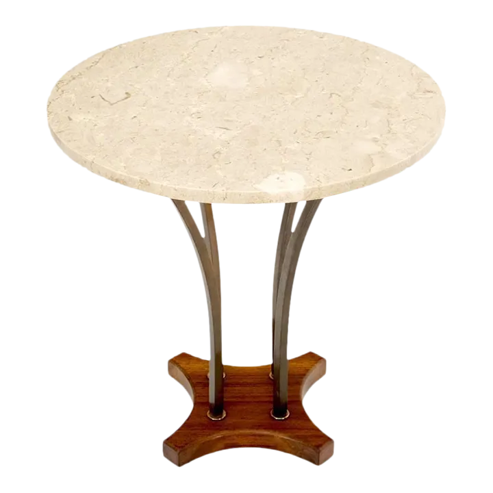 1970s Round Marble Top Brass & Walnut Lamp Side Table Chairish