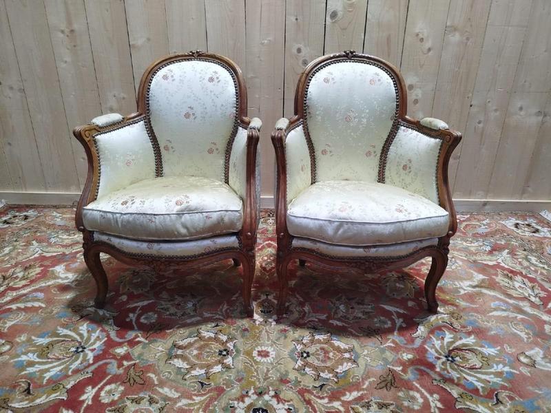 Louis XV Style Bergère Armchairs in Silk, Set of 2