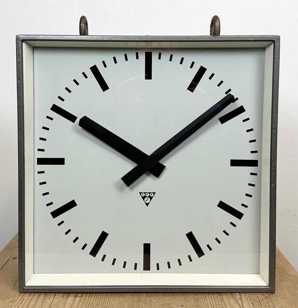 Large Industrial Square Double-Sided Factory Hanging Clock from