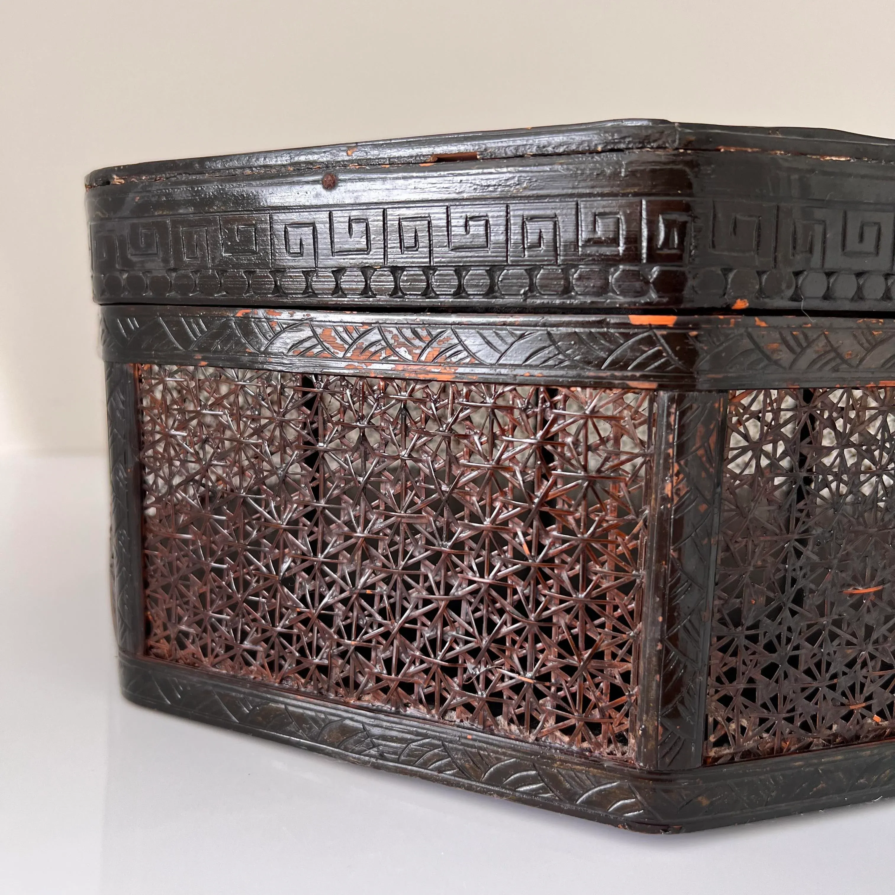 Vintage Chinese Woven Wicker and Bamboo Octagonal Lacquered Box