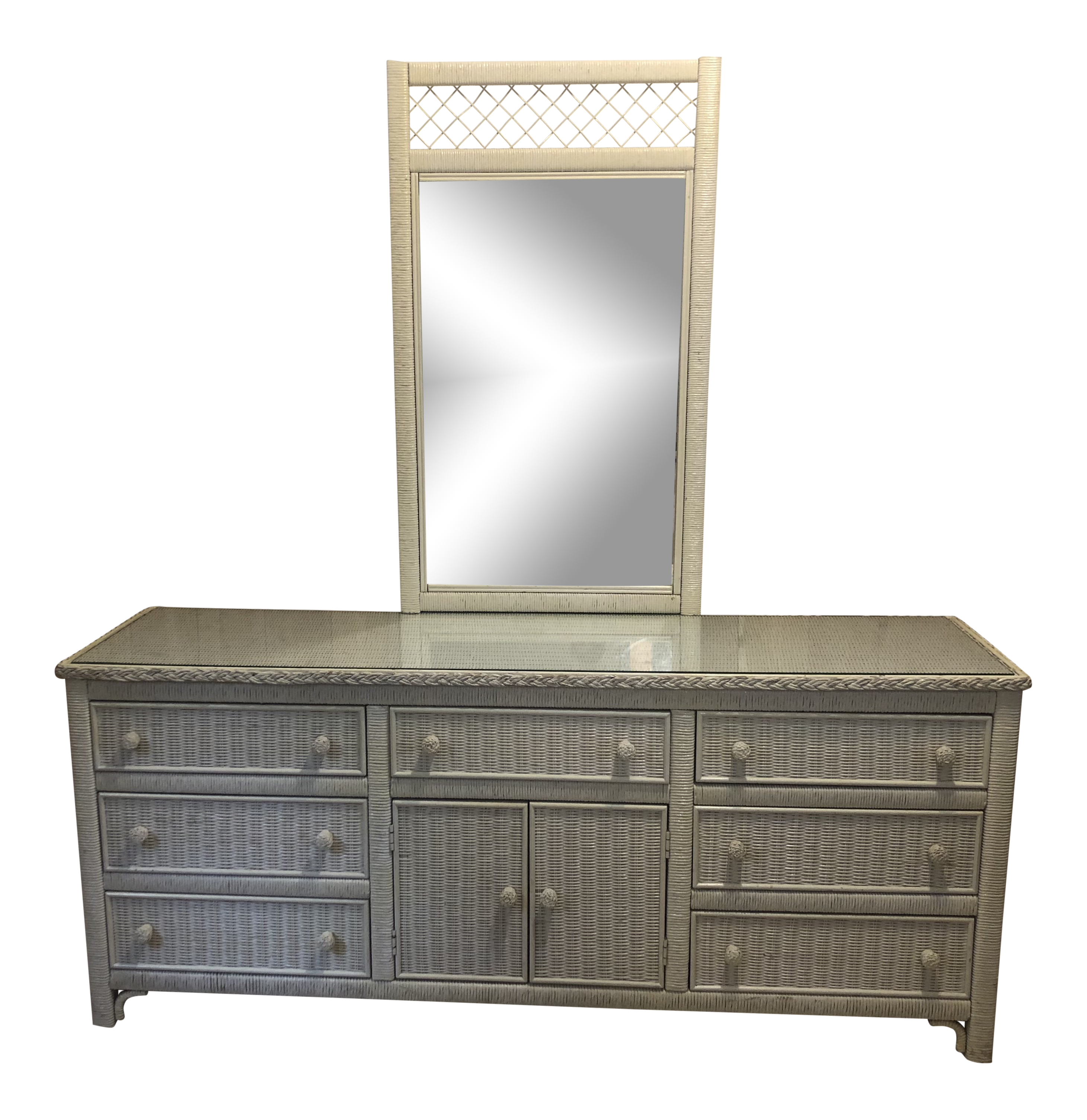1970s Mid Century Henry Link Wicker Dresser and Mirror - 2 Pieces