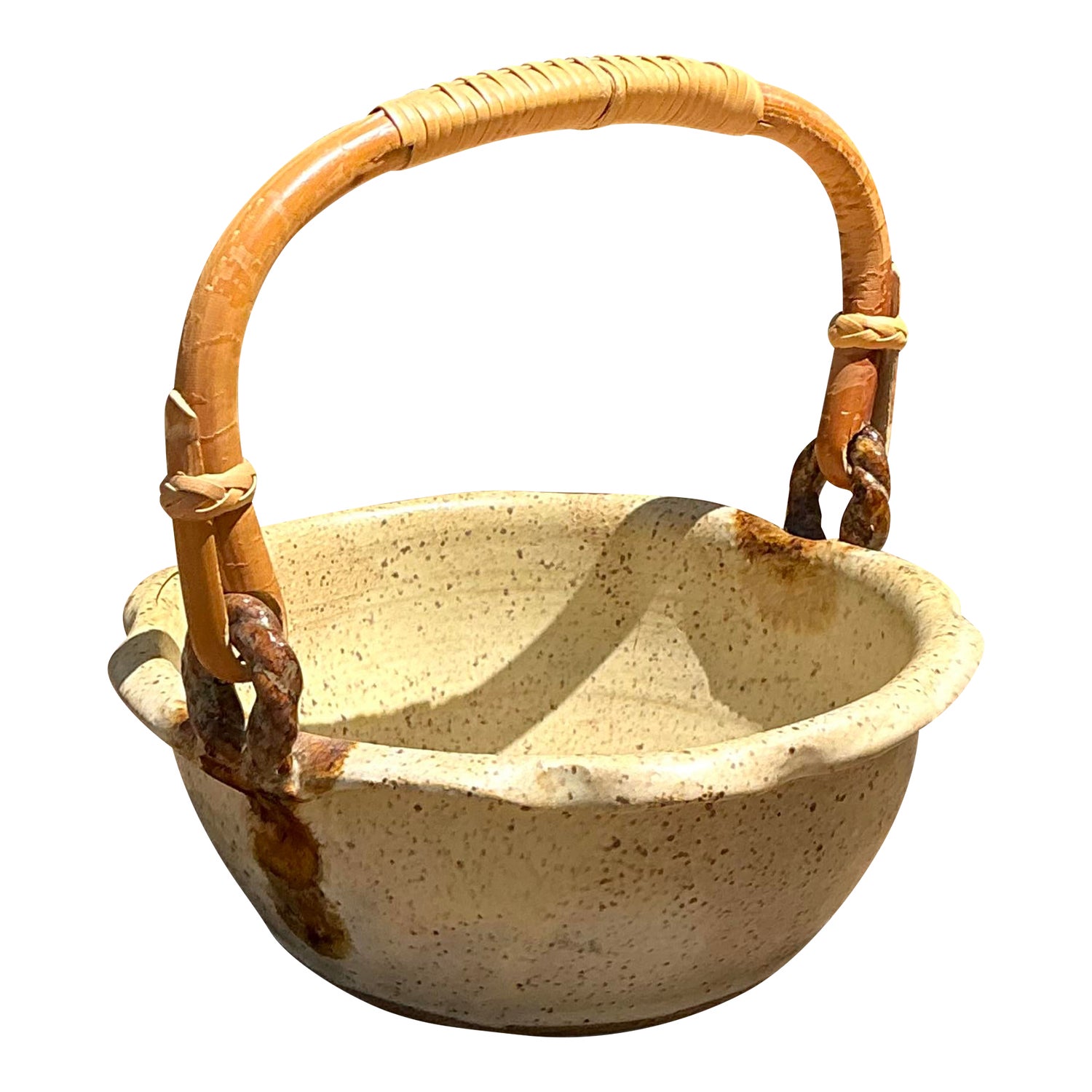 Vintage Rattan Handle Studio Pottery Bowl