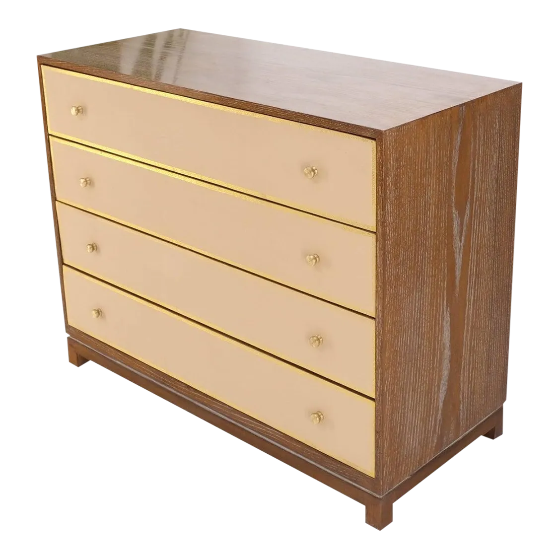 Cerused Medium Brown Embossed Leather Fronts 4 Drawers Dresser Bachelor