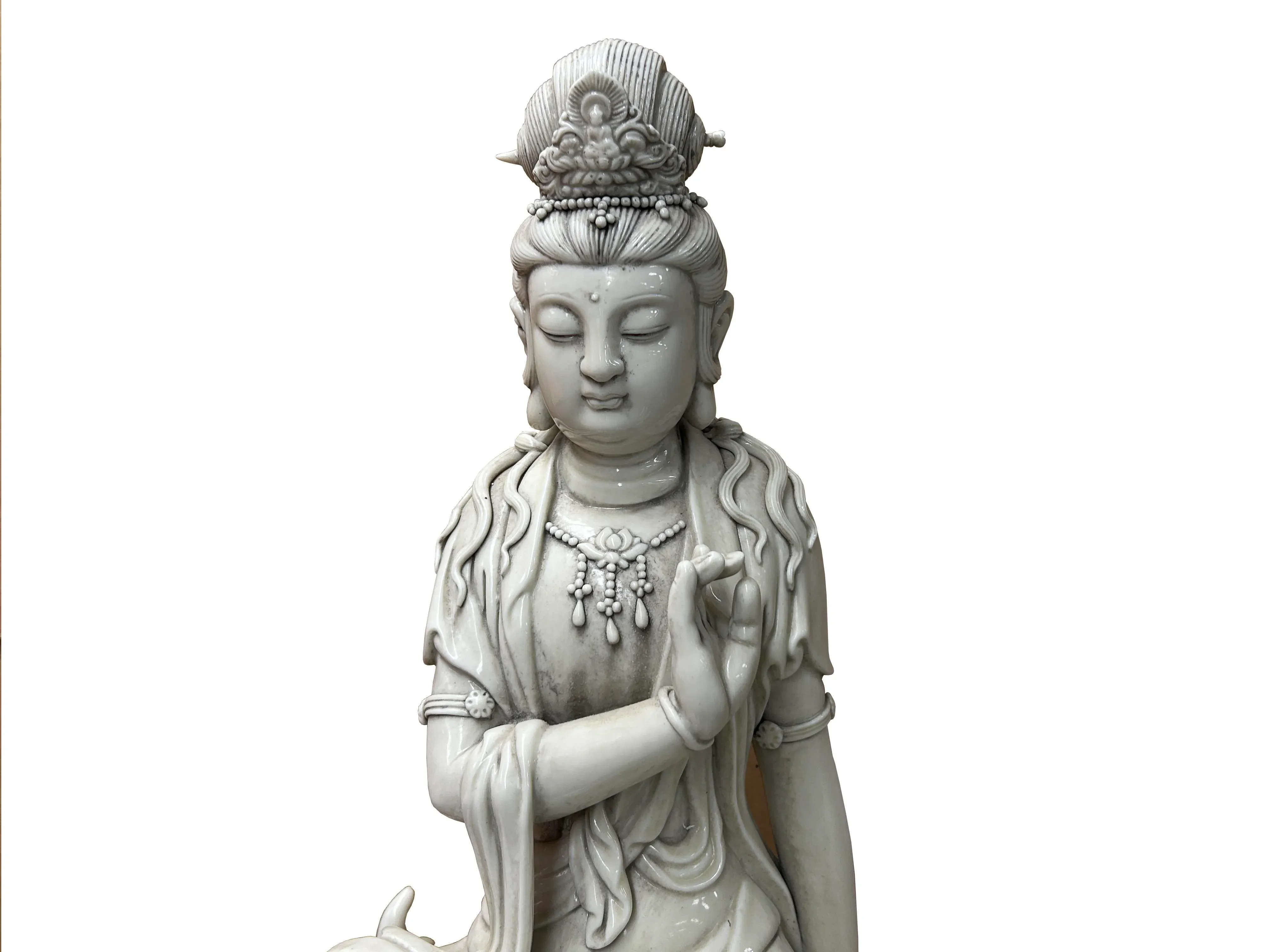 Chinese Handcrafted GuanYin Bodhisattva on Dragon White Porcelain Statue