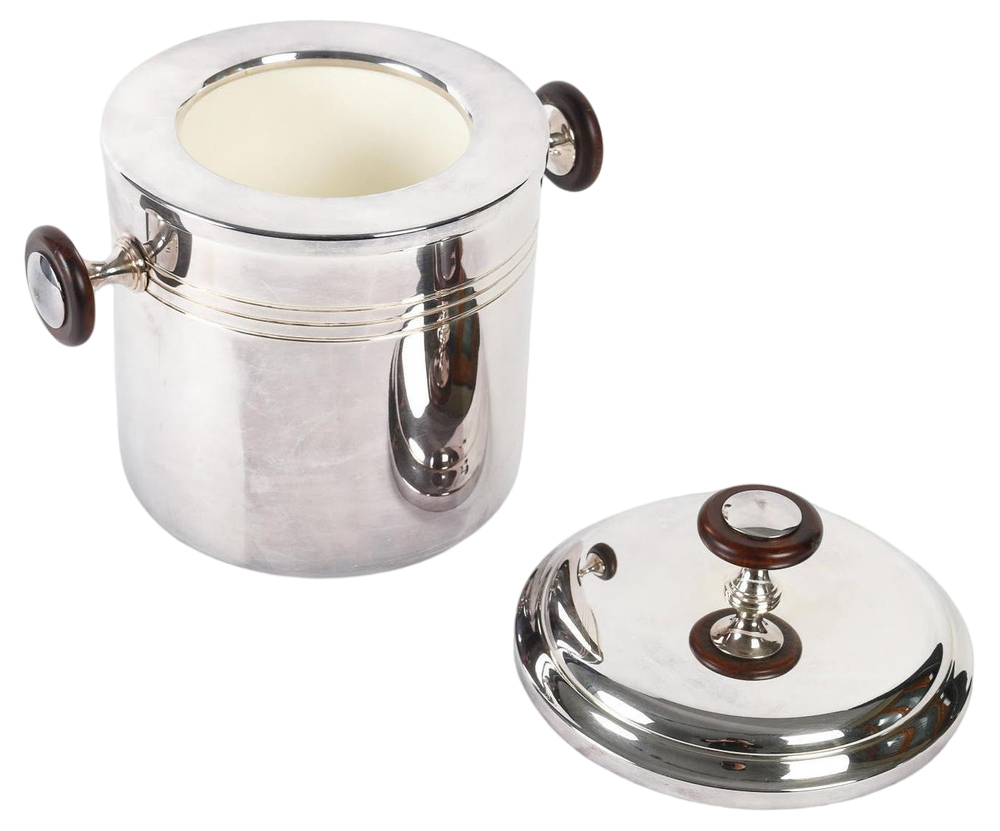 Silver-Plated Metal and Wood Ice Bucket with Lid, 1980s