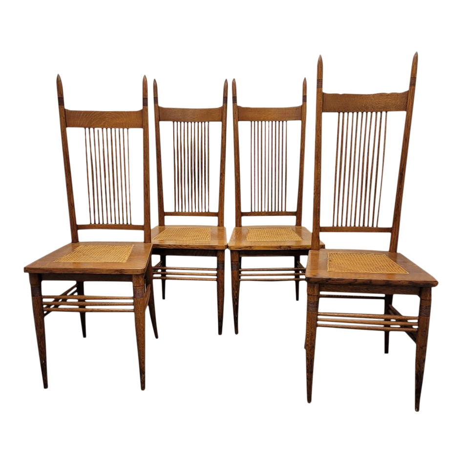 Antique Tiger Oak High Backed With Tall Finials Dining Chairs Set of