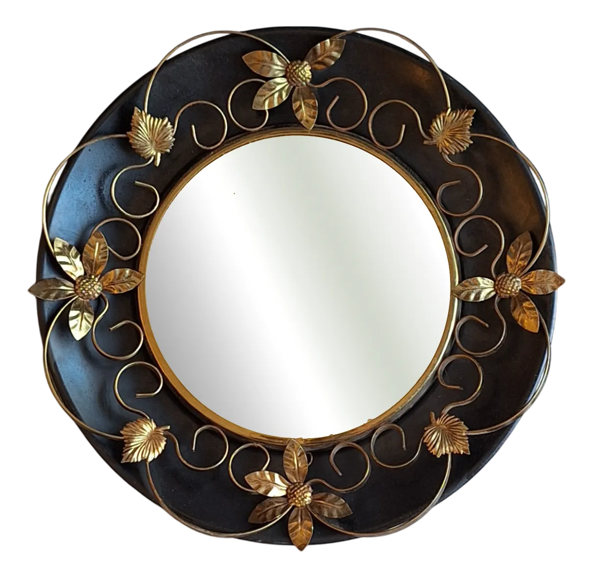 Vintage Round Wall Mirror with Black Metal Bracket with Brass Decorations, 1960s