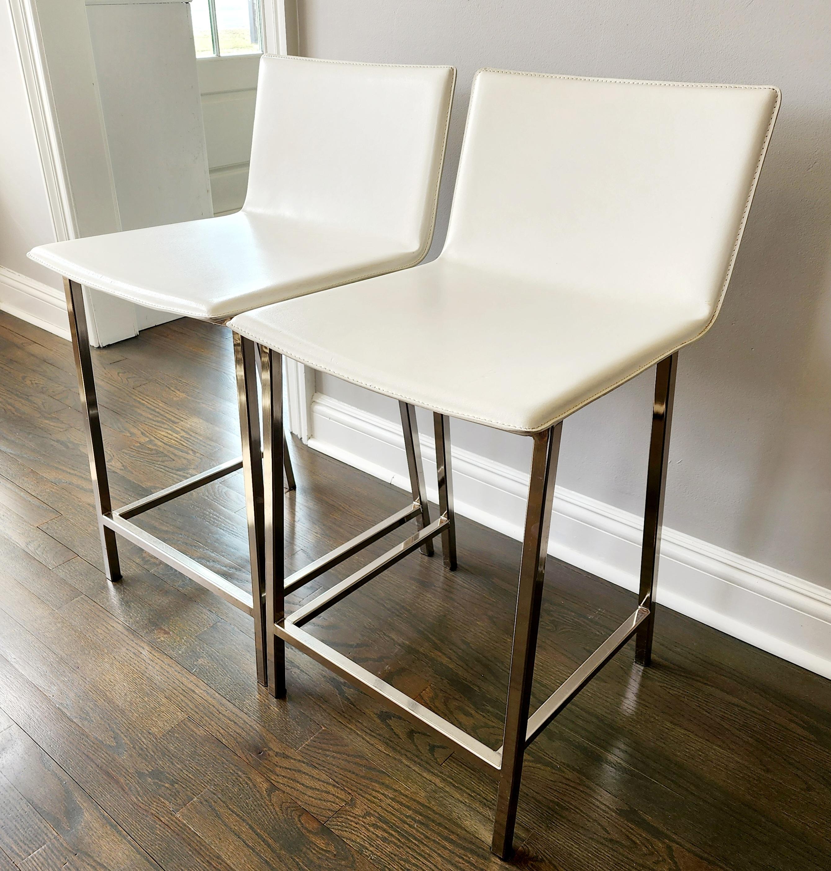 Cb2 Phoenix White Leather Chrome Counter Chair - A Pair