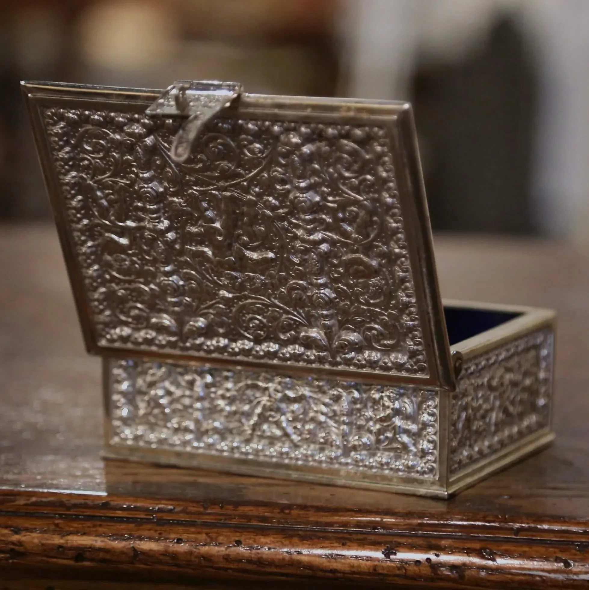 19th Century French Repousse Silver Plated on Copper Jewelry Box