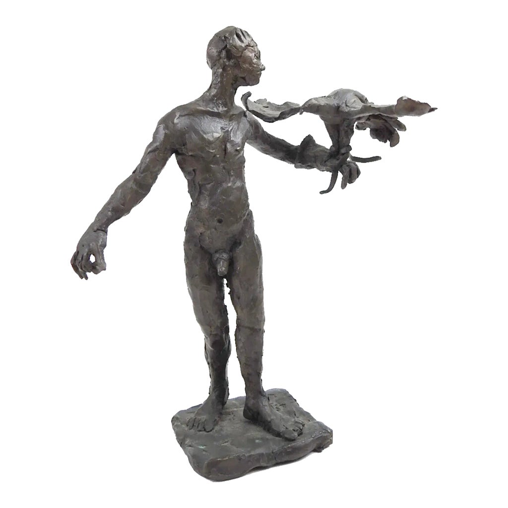 Late 20th Century Bronze Nude With Hawk Sculpture | Chairish