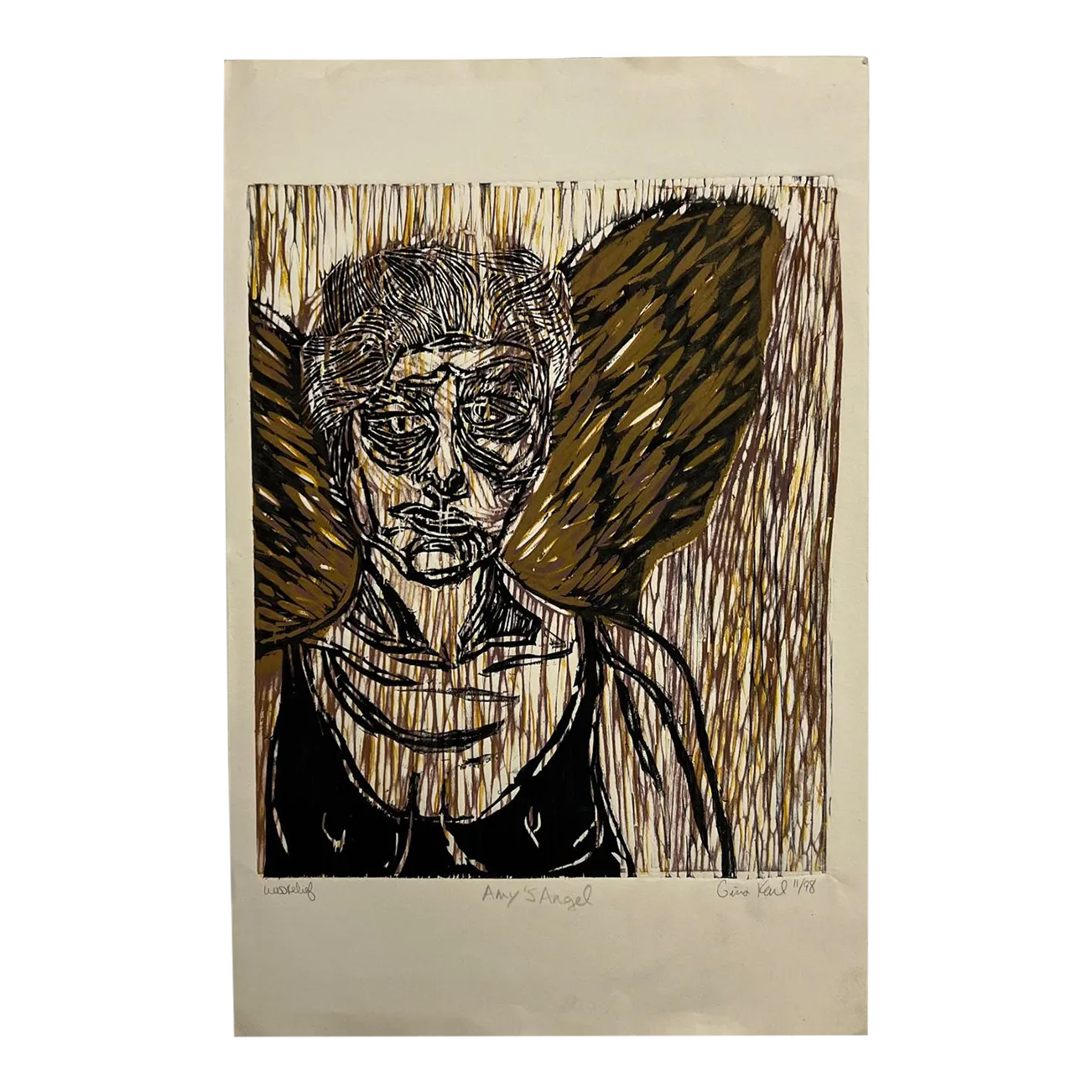Art by Gina Kail Wood Relief Block Print Amy's Angel Nov 1998 Chairish