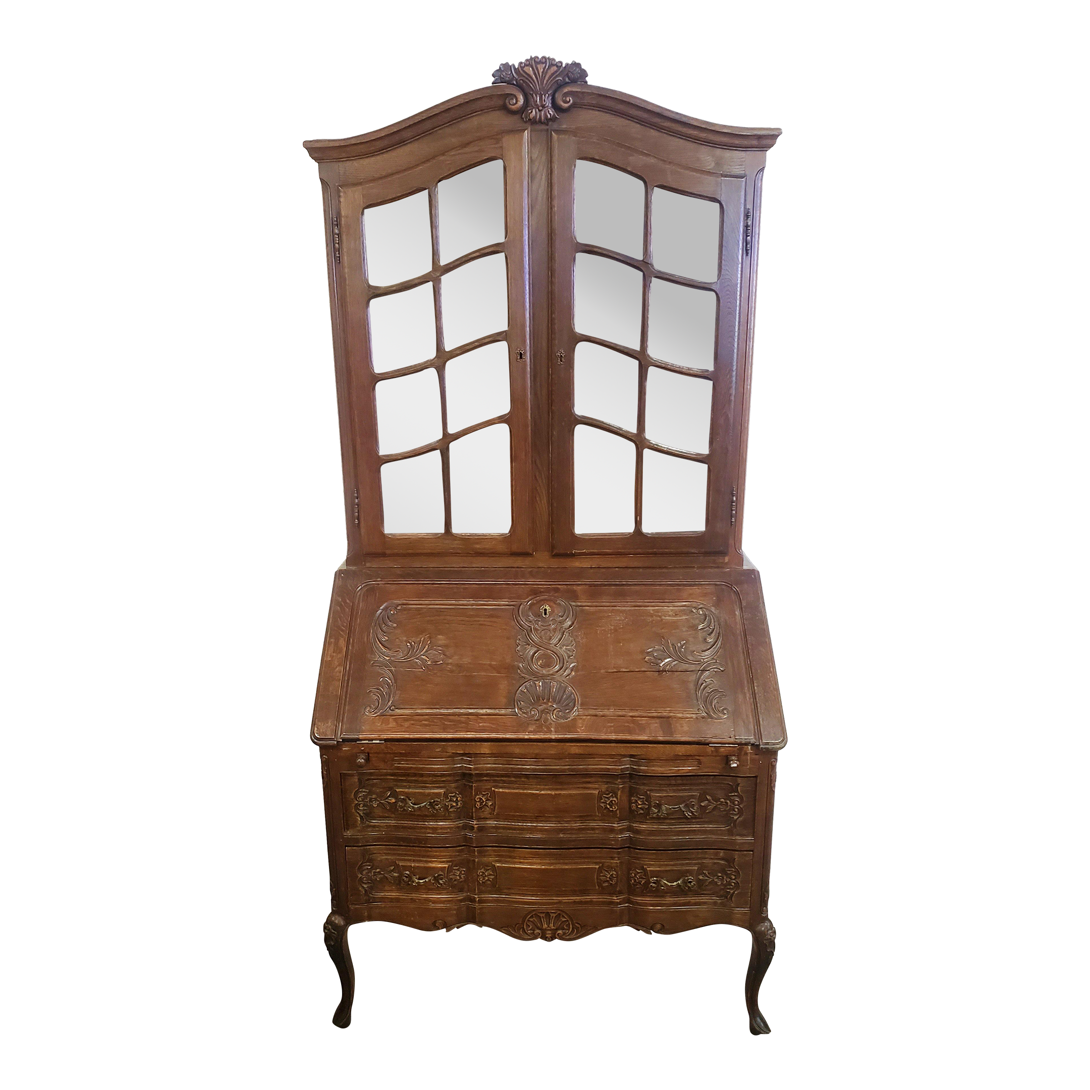 19th C French Shell Carved Oak Vitrine Top Secretary Desk Chairish