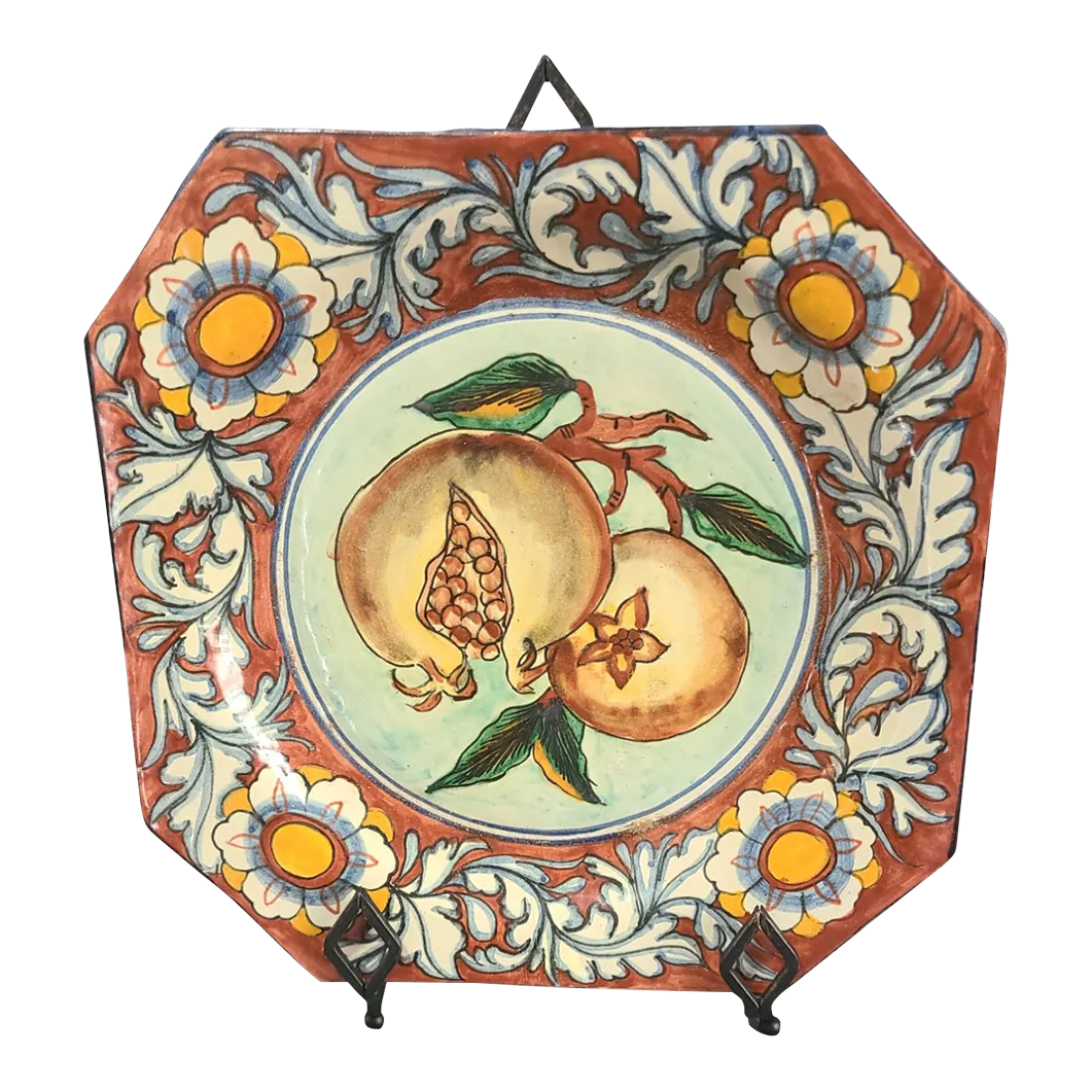 Late 20th Century Italian Majolica Hand Painted Floral Pomegranate Platter Wall Hanging
