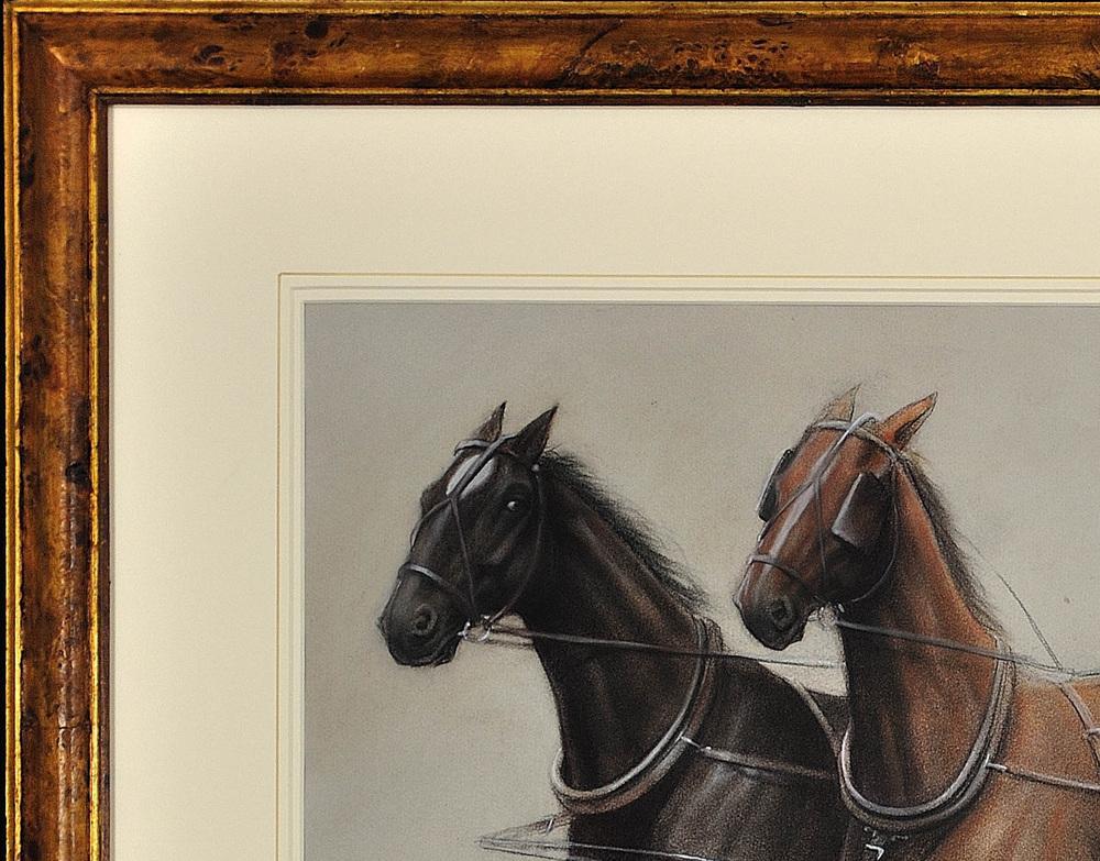Cecil Aldin, Trotting Horses Harnessed to a Lightweight Four Wheel Cart Trap, Chalk Drawing, Framed