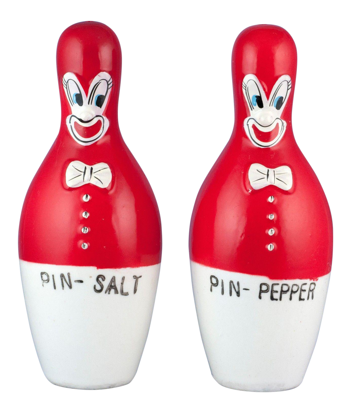 Vintage Ceramic Red & White Bowling Pin Salt and Pepper Shakers With