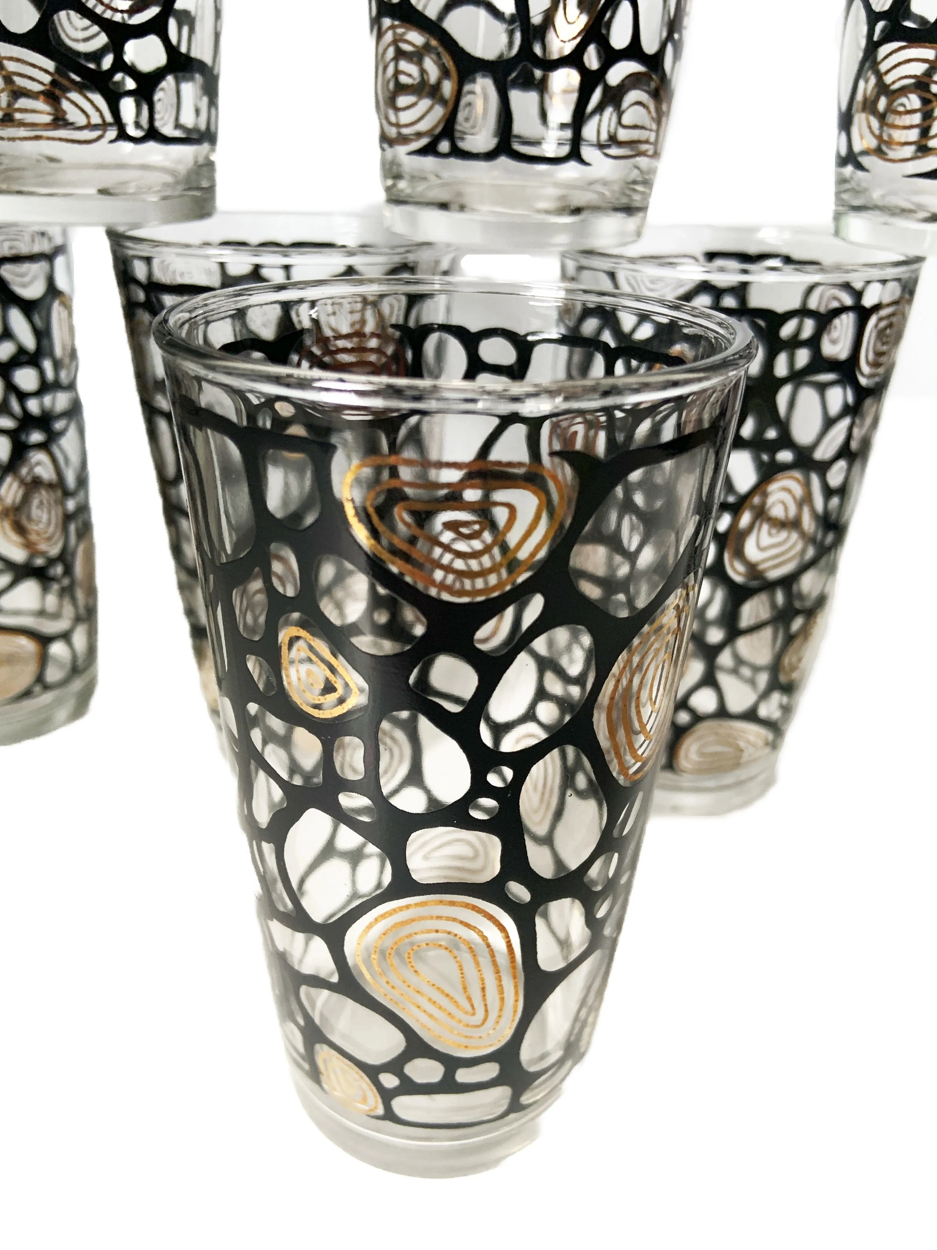 Mid-Century Modern 1950s 1960s Black & Gold Atomic Design Tumbler Highball  Glasses- Set of 8