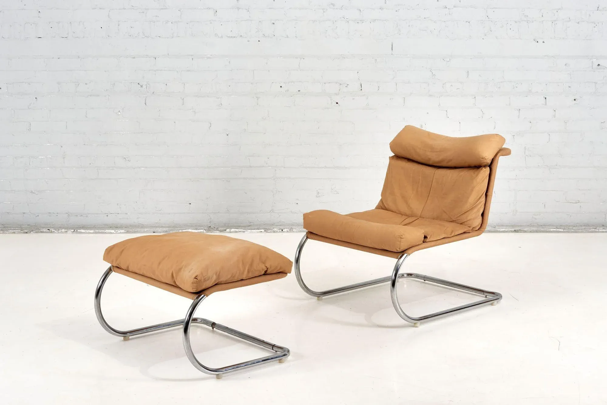 Stainless Steel and Canvas Cantilever Mr Lounge Chair Ottoman After Mies Van Der Rohe