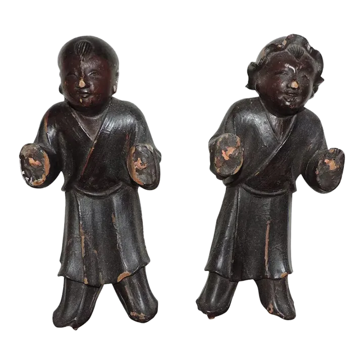 Antique 19th Century Chinese Carved Wood Figures With Lacquer Finish