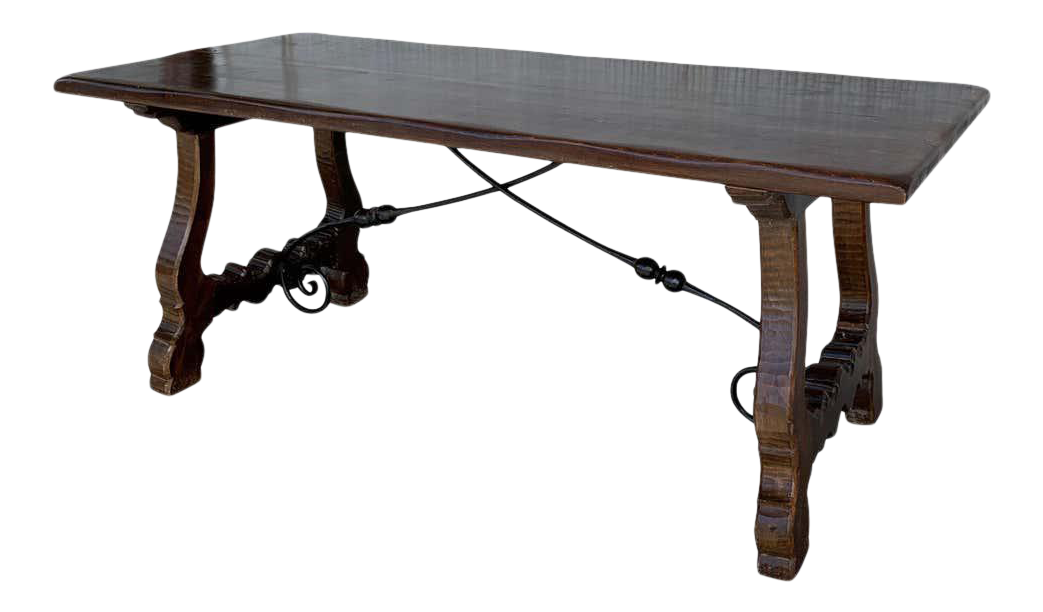 20th Century Refectory Spanish Table With Lyre Legs and Iron Stretch