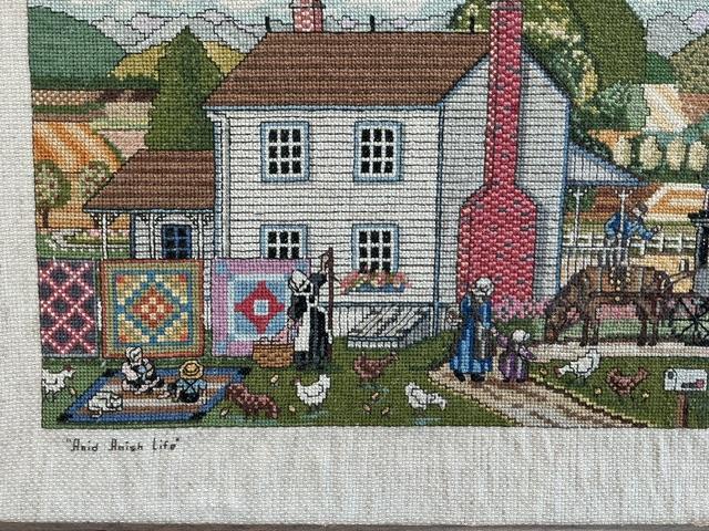 1987 Colorful, Detailed Cross Stitch of Farmhouse and Farm Scene