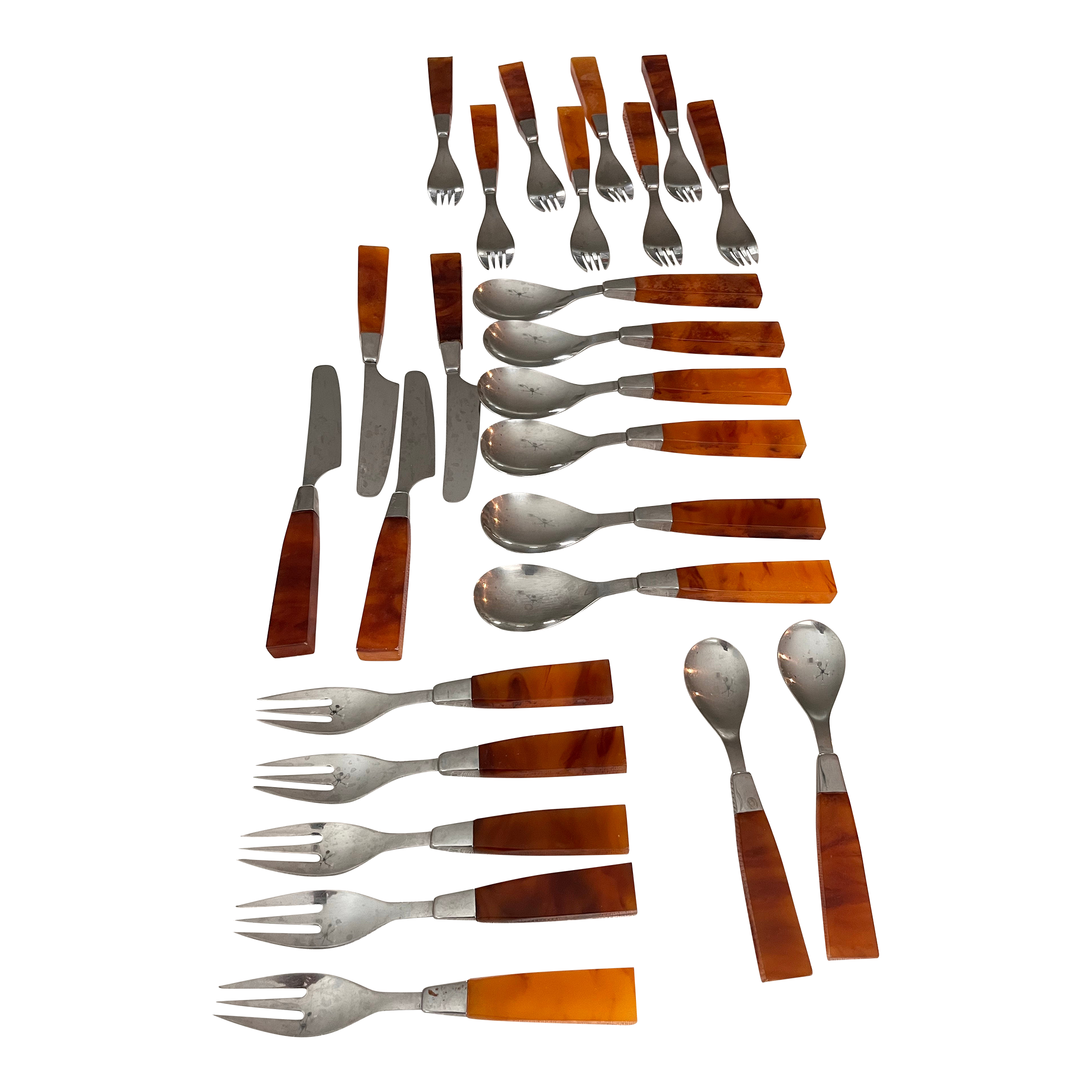 1950s Faux Tortoise Shell Bakelite and Stainless Flatware by Supreme Cutlery - 24 Pieces