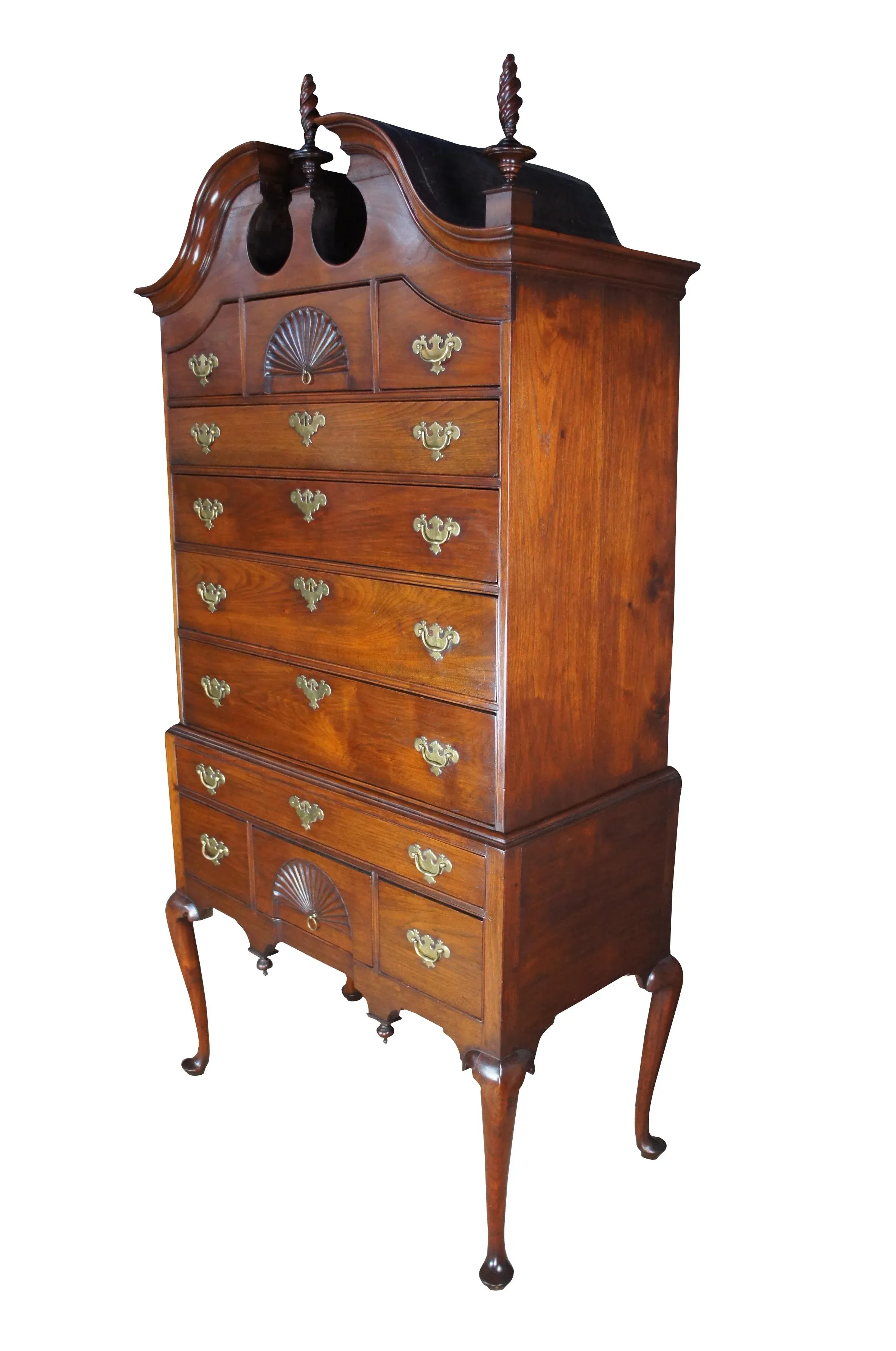 Antique 18th C. American Queen Anne Cherry Bonnet Top Highboy