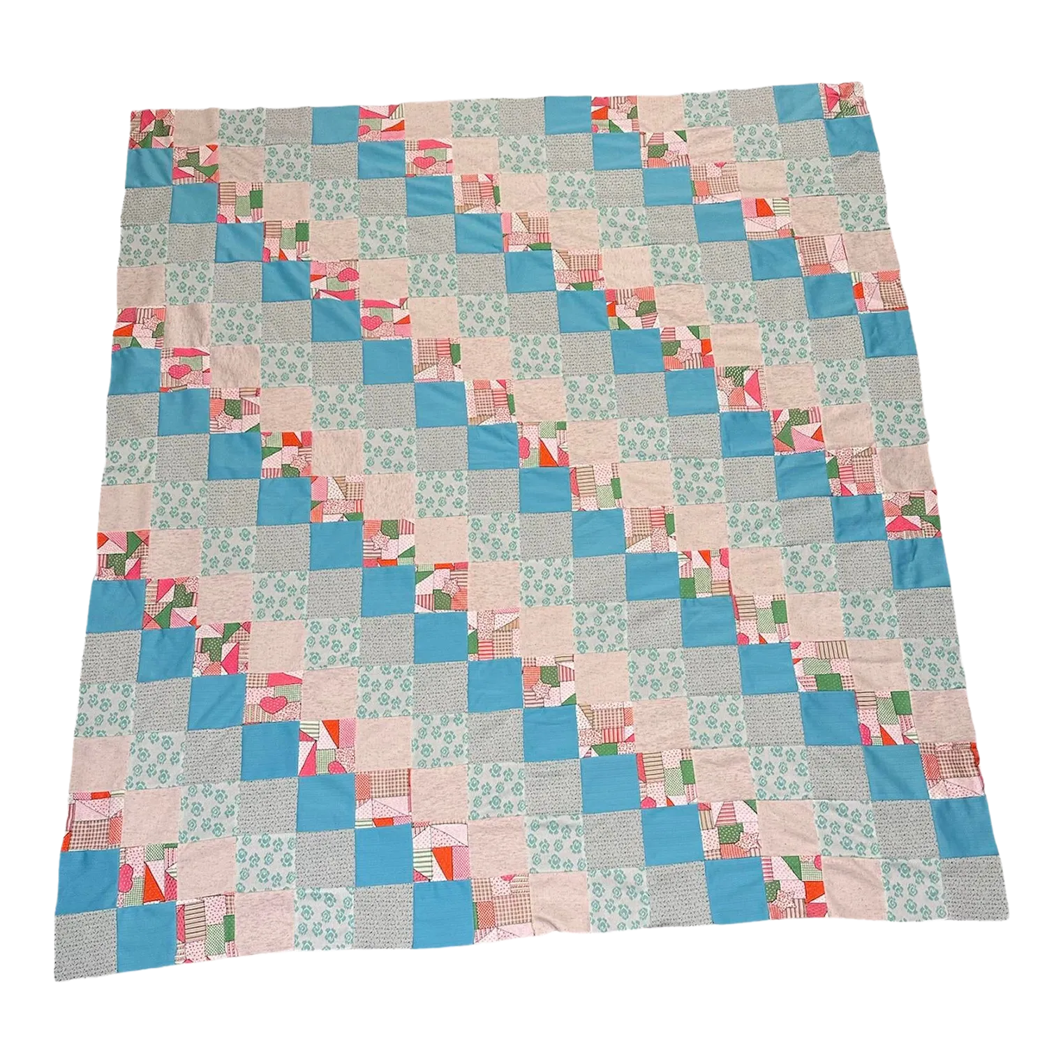 Vintage Mid 20th Century Knit Fabric Blues Pinks Quilt Top