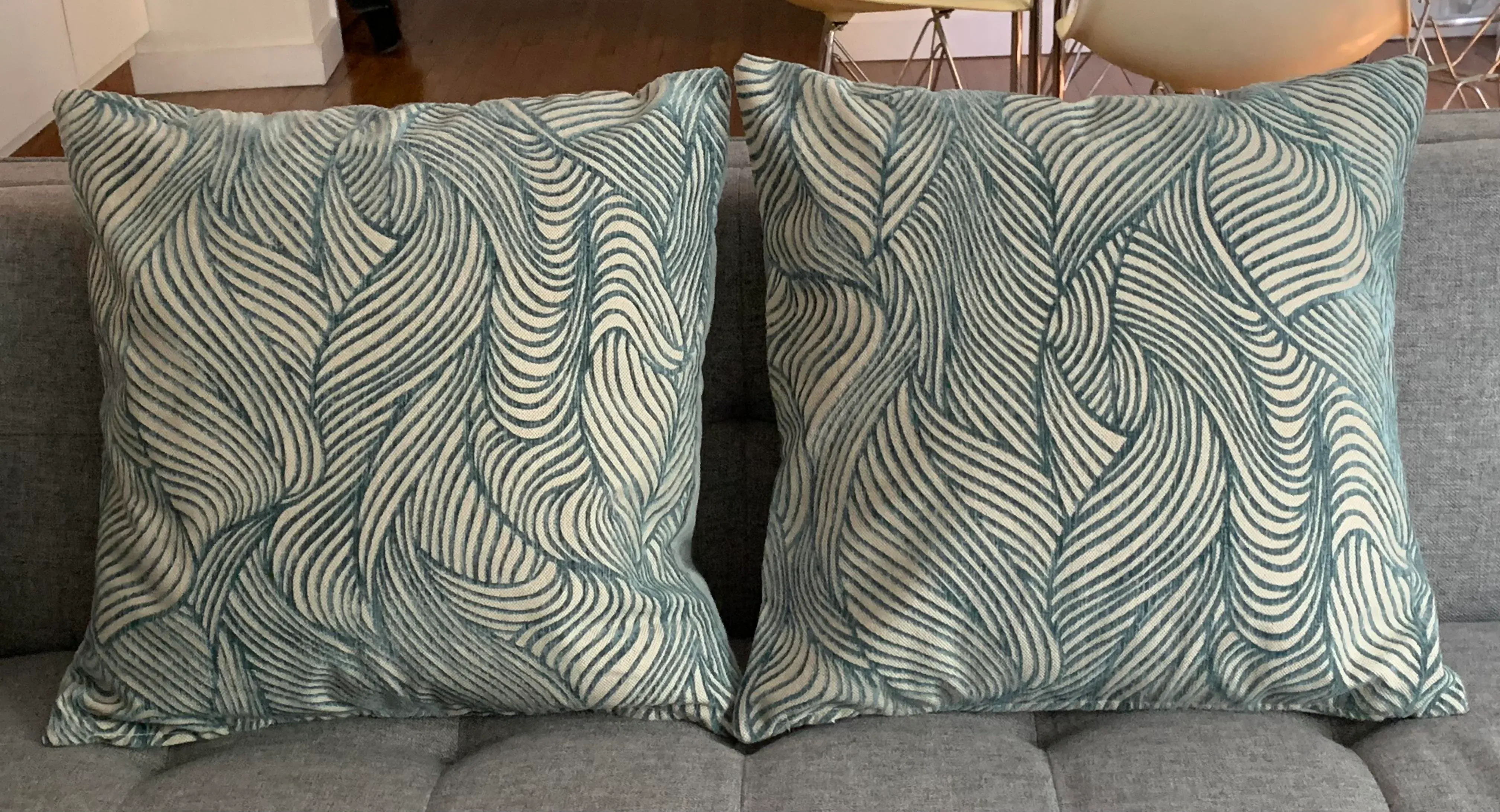 Contemporary Aqua Blue and Cream Cut Velvet Square Pillows a