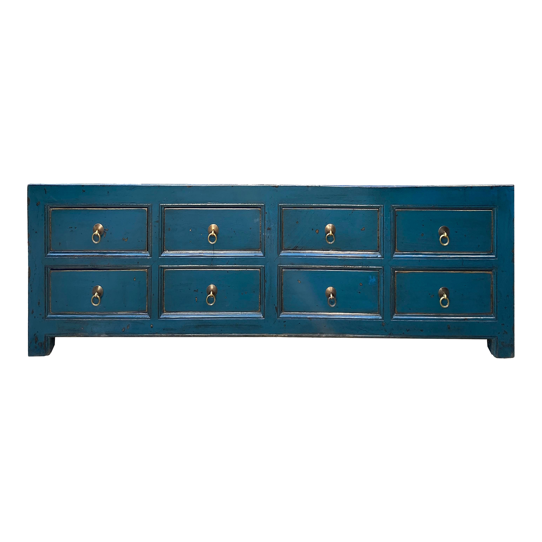 Distressed Teal Blue 8 Drawers Low Tv Stand Table Credenza Chairish