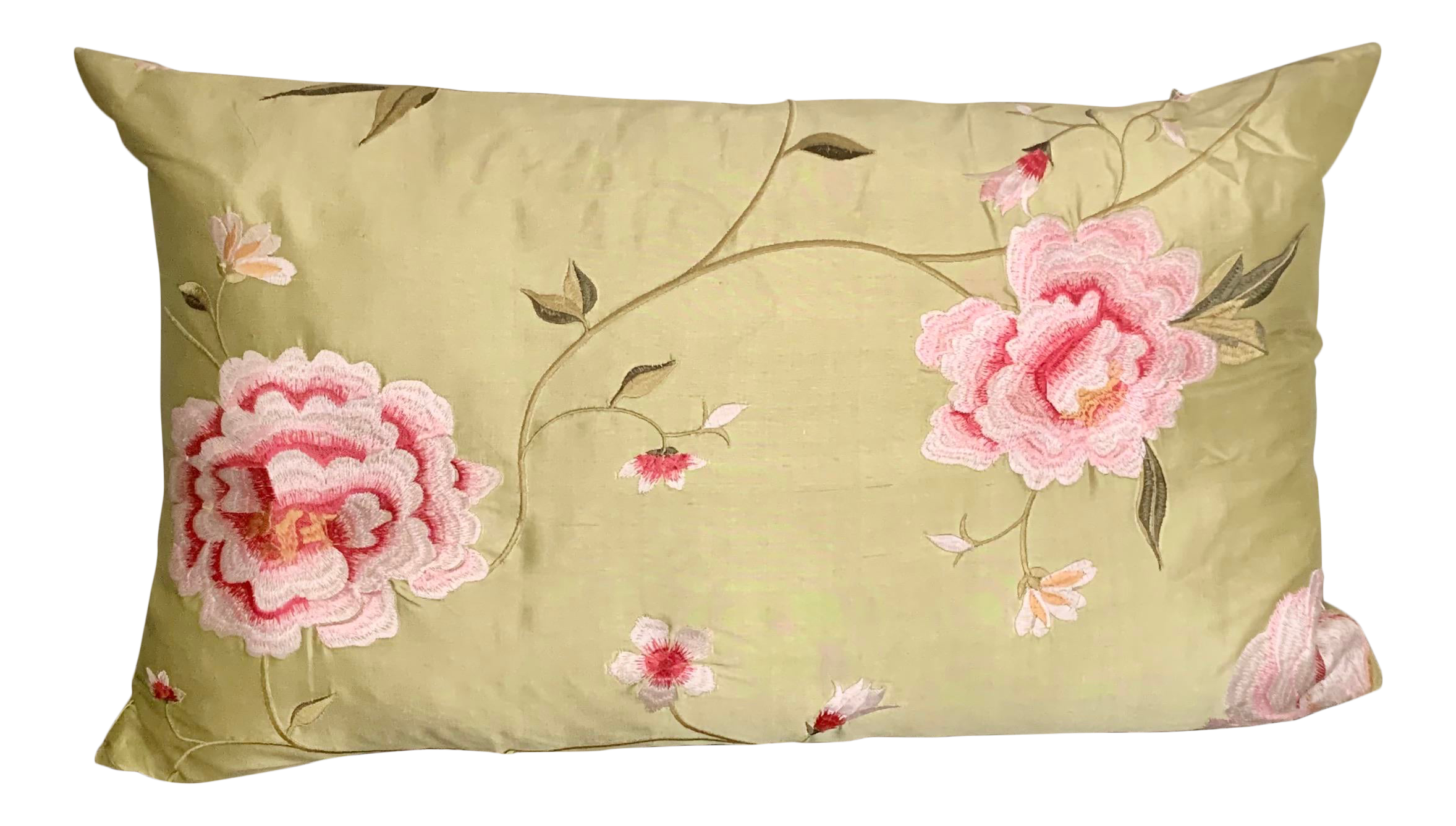 Chartreuse Green Silk Pillow With Pink Embroidered Flowers Chairish