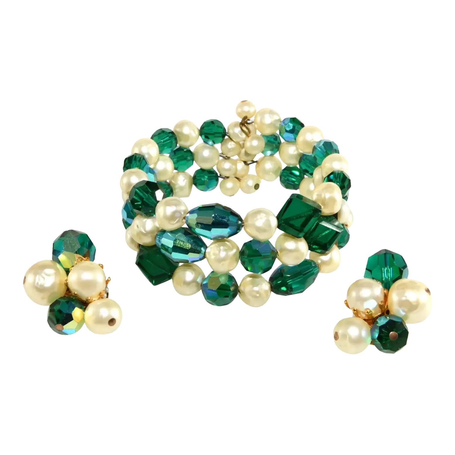 Vintage Hattie Carnegie Green Faux Pearls Wrap Bracelet Earrings