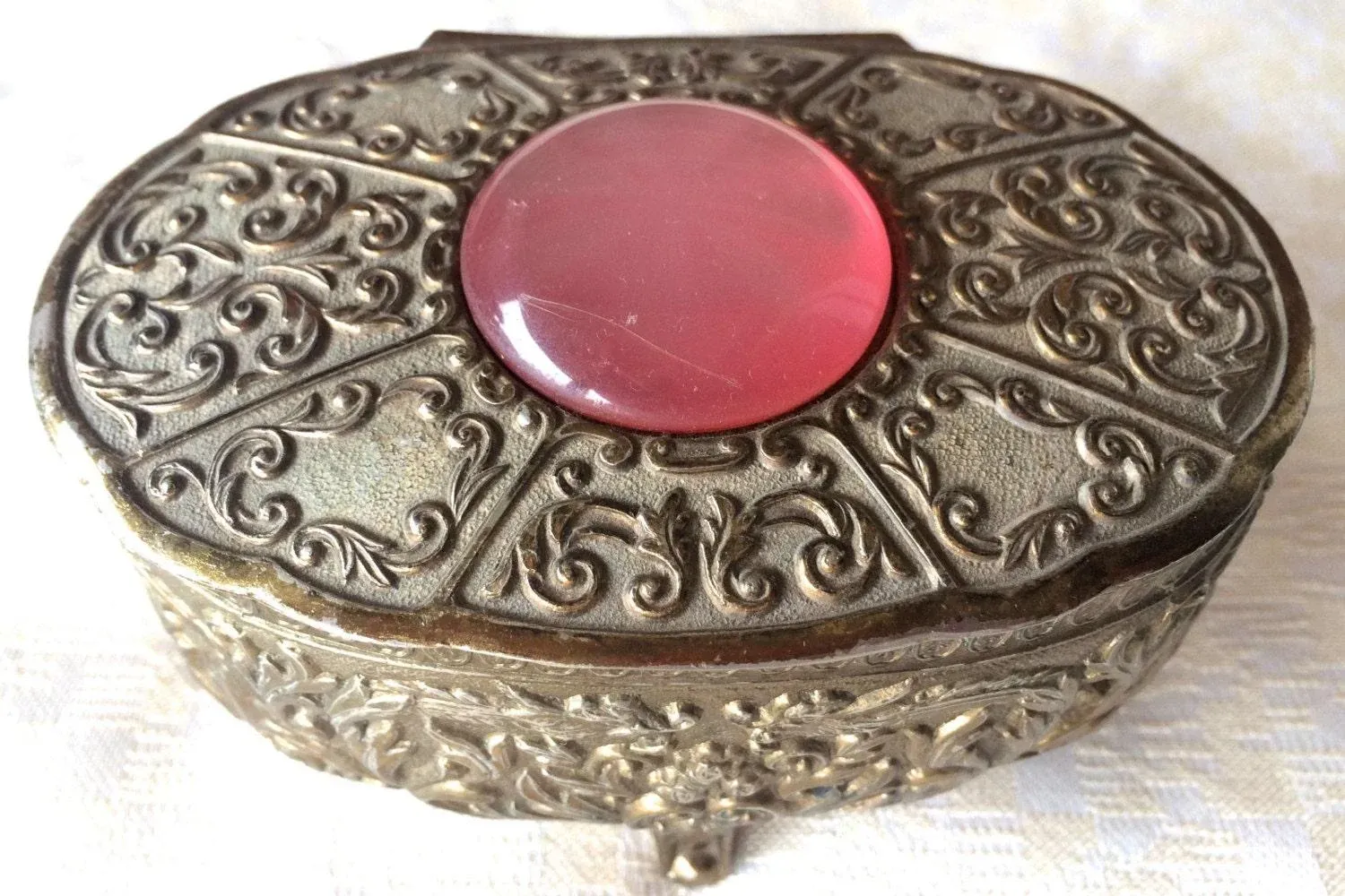 1940s Vintage Silver Embossed Jewelry Box/Trinket Box