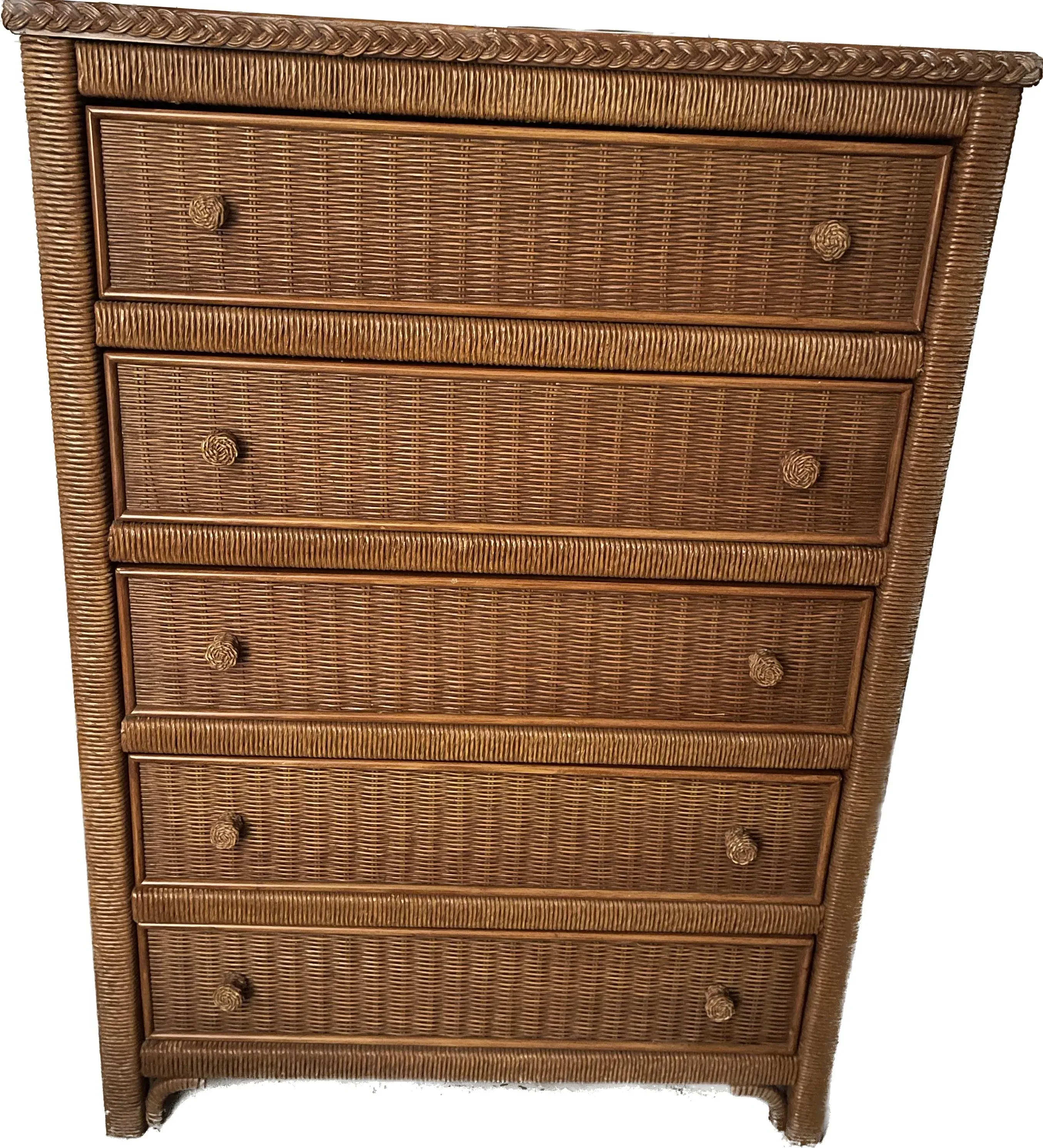 1980s Henry Link Lexington 5-Drawer Rattan Highboy Dresser