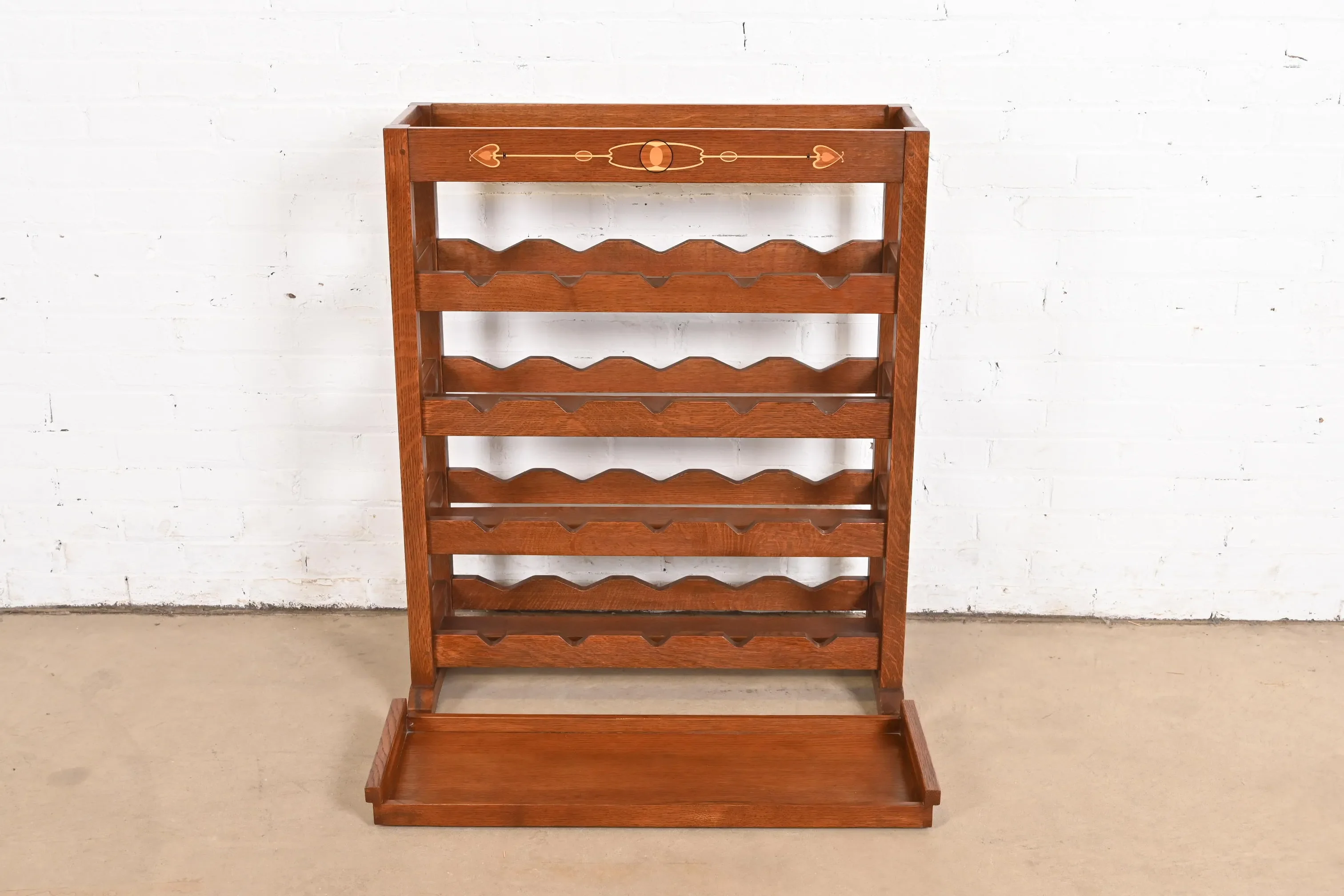 Stickley Harvey Ellis Collection Arts & Crafts Inlaid Oak 20-Bottle Wine Rack With Removable Serving Tray