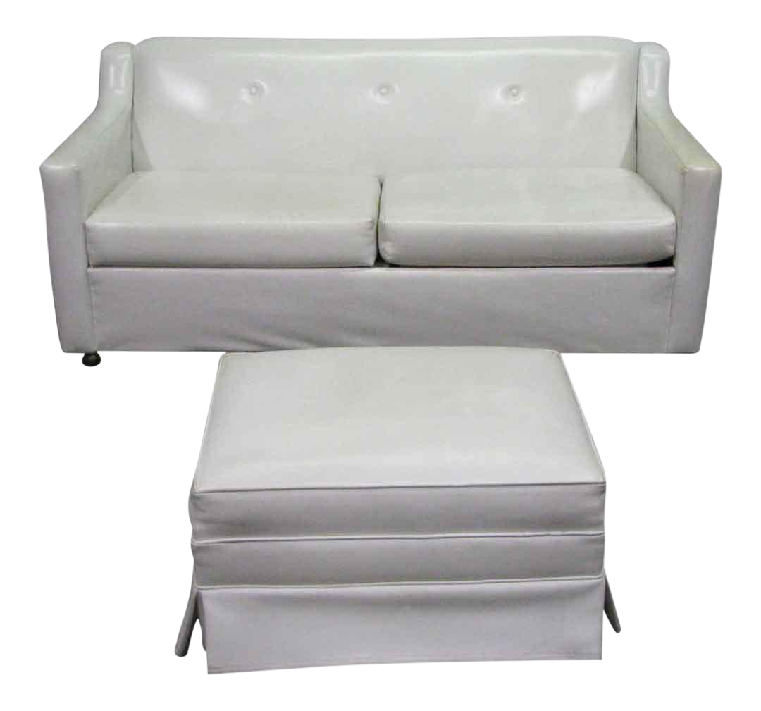 MidCentury Modern White Vinyl Sofa & Ottoman Set Chairish