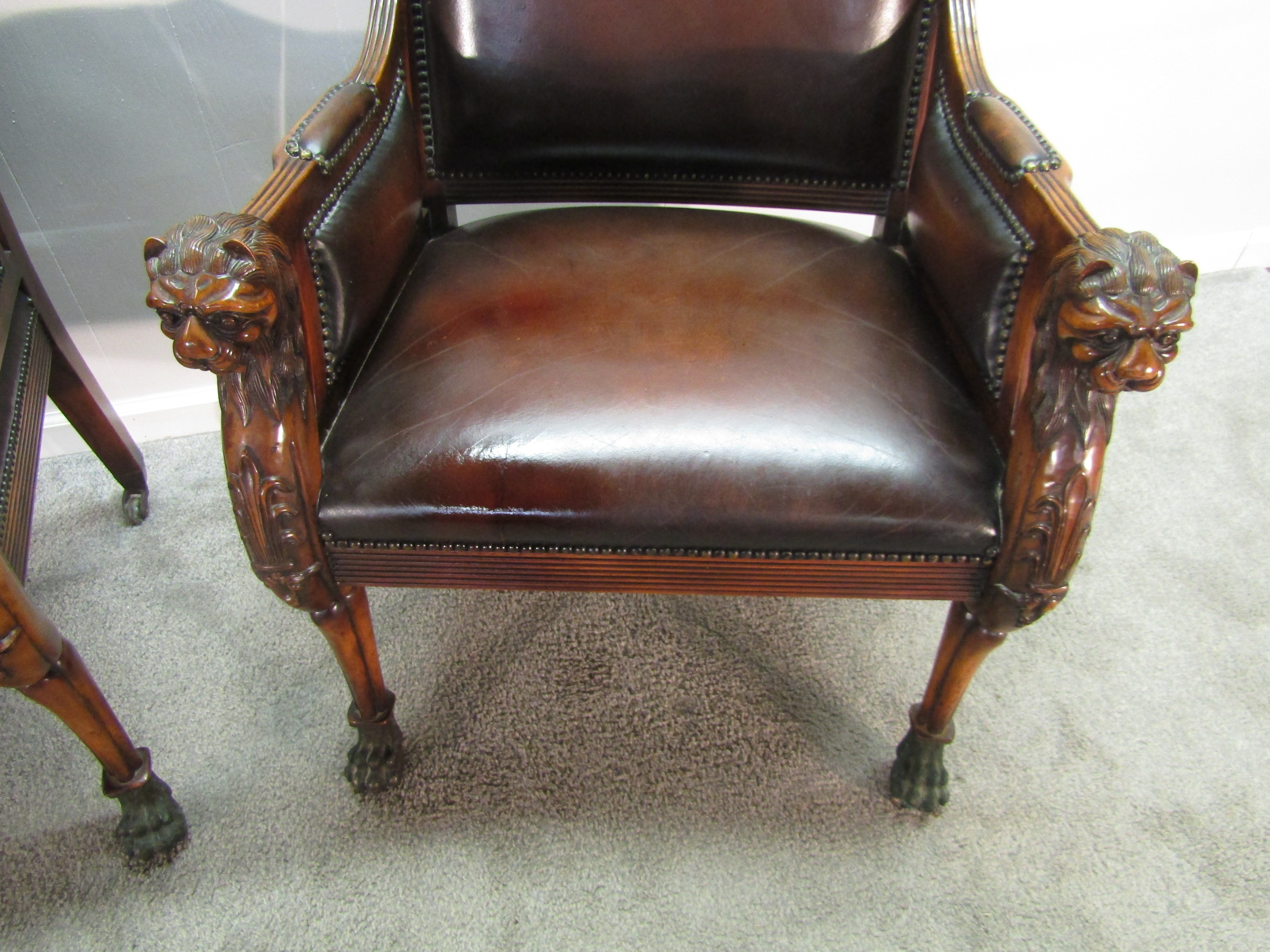 Theodore Alexander Pair of Mahogany Carved Leather Seat Chairs