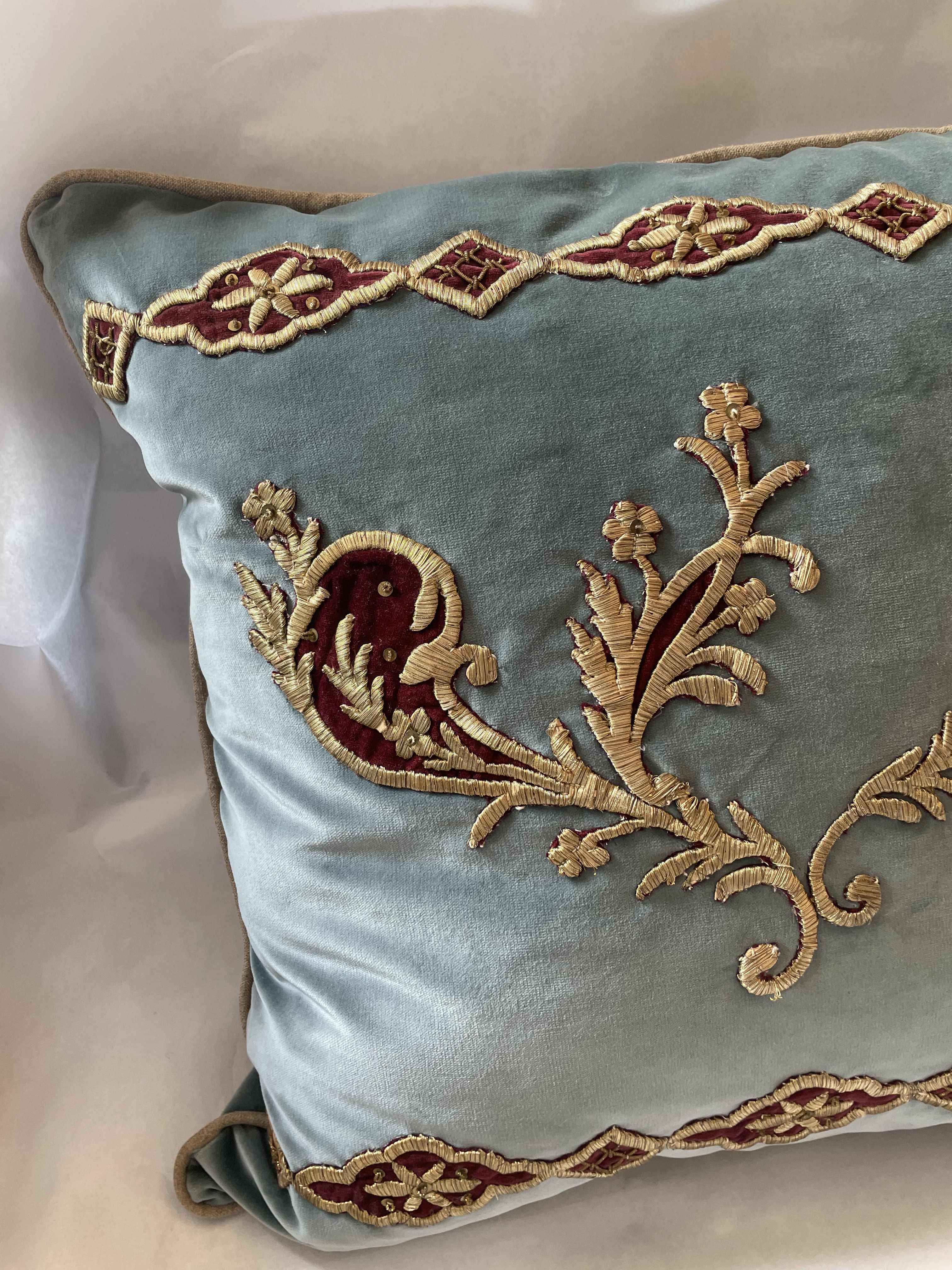 Early 19th Century Petrol Blue Velvet Hand Metal Gold Embroidery Pillow Chairish