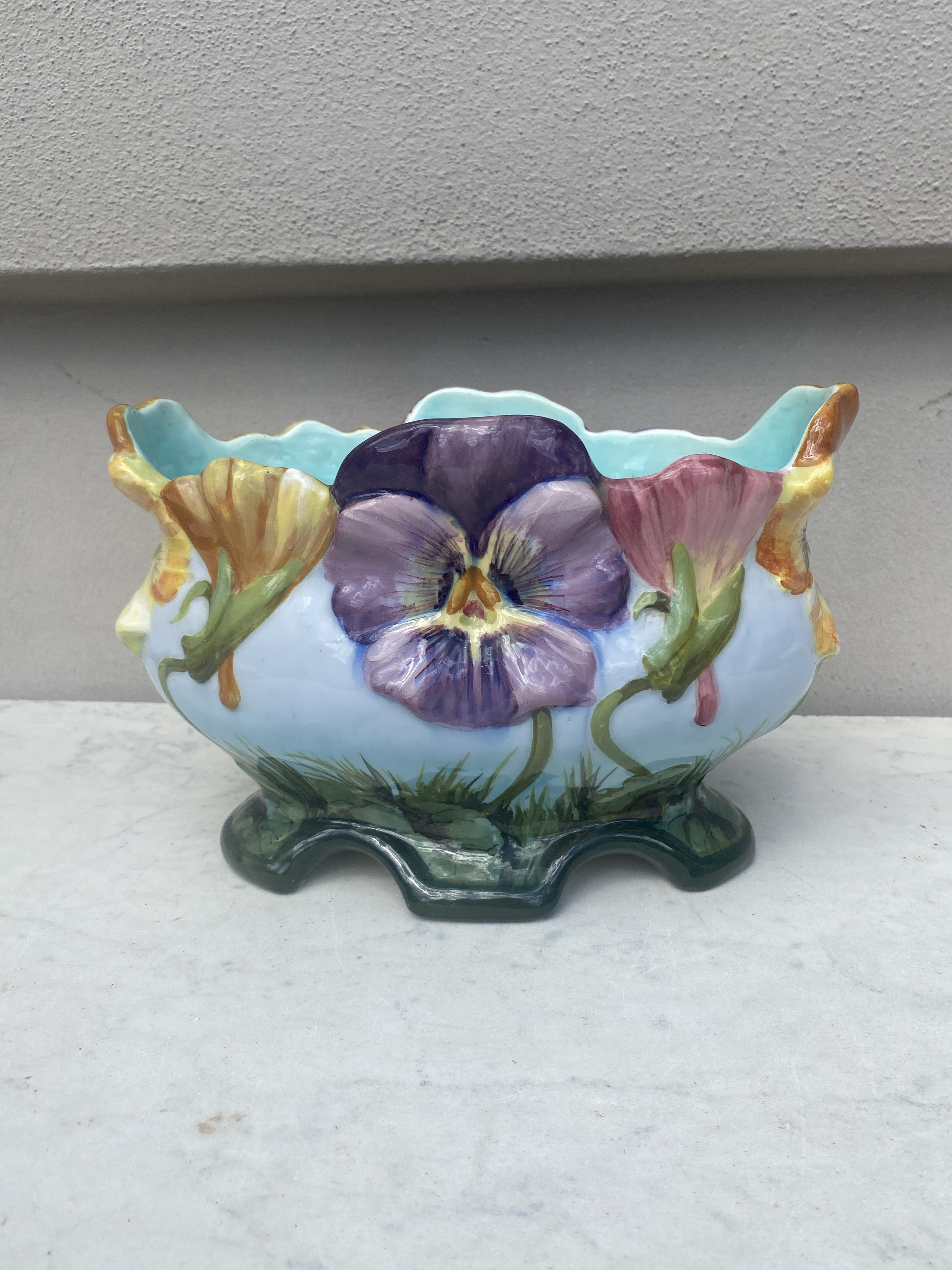 French Majolica Jardiniere Pansies Delphin Massier, Circa 1890