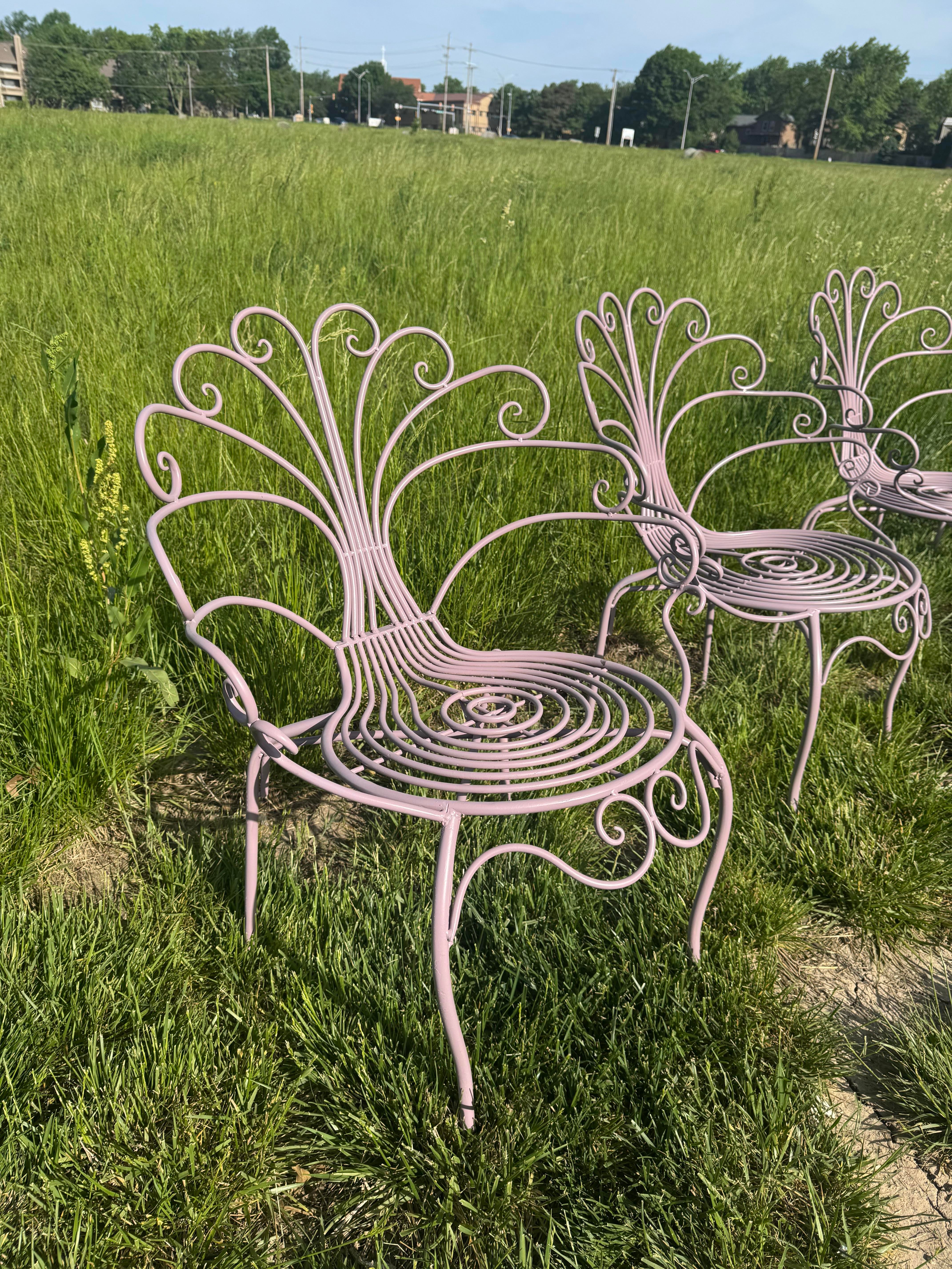 1970s Dorothy Draper Style Wrought Iron Peacock Patio Chairs, Set