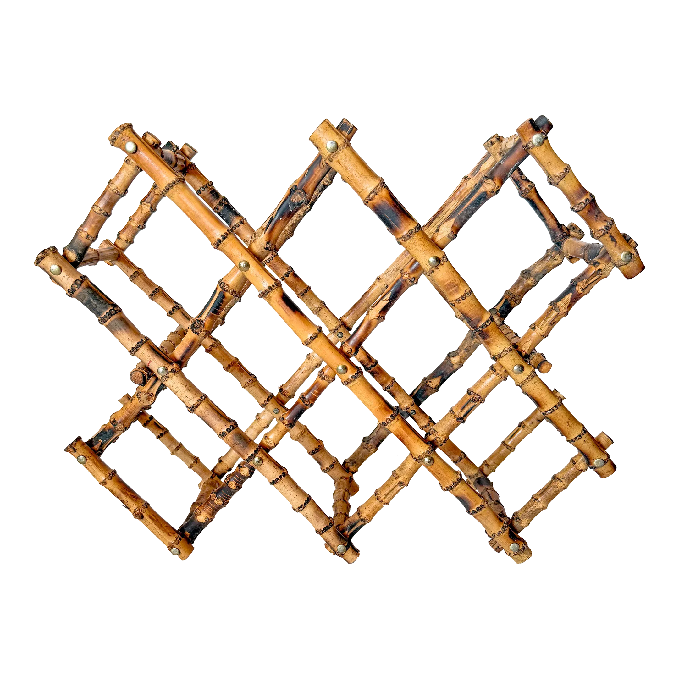 Vintage Burnt Tortoise or Scorched Bamboo Collapsable 8 Bottle Wine Rack