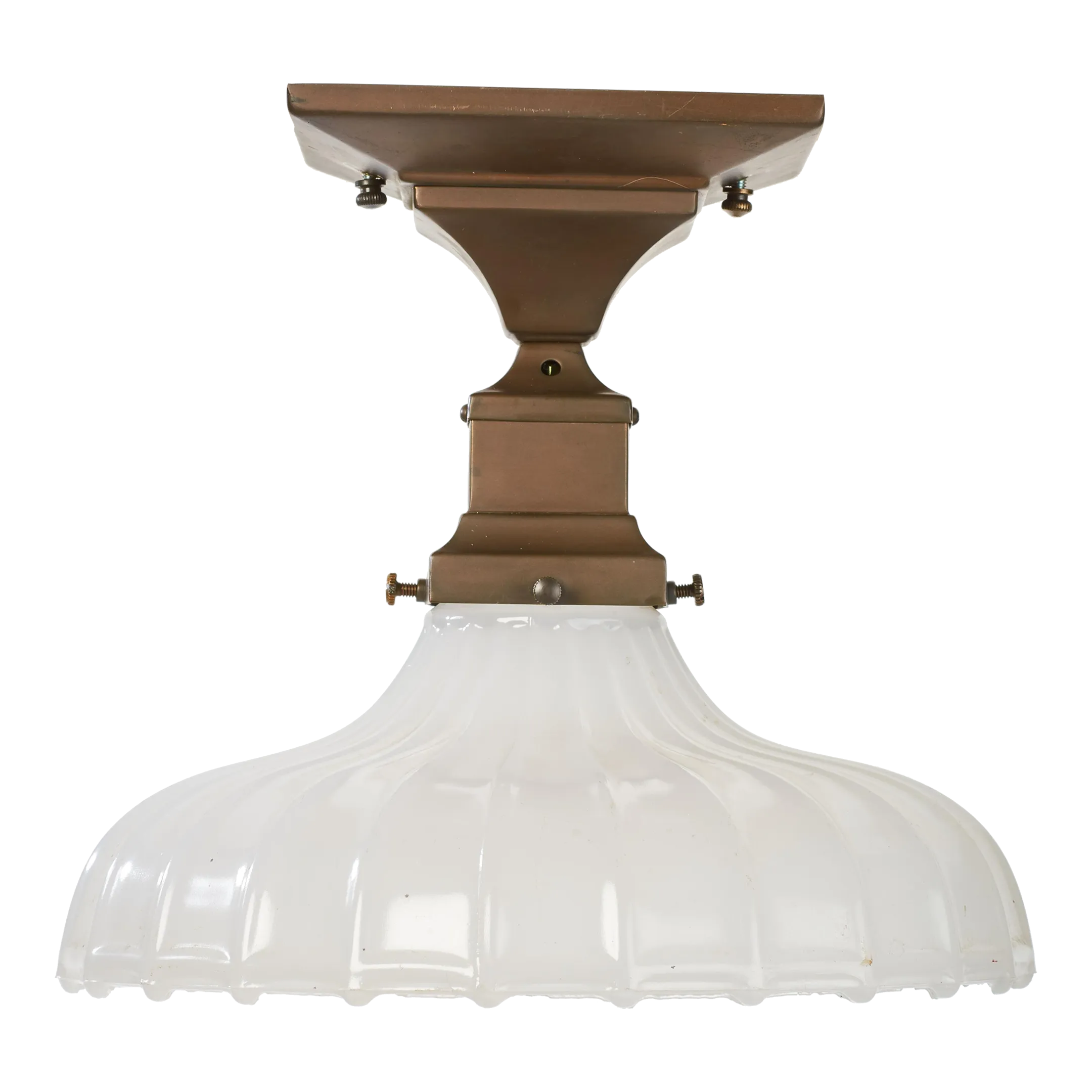 Vintage Restoration Hardware Square Flush Mount Fixture With Milk Glass Pie Pan Shade