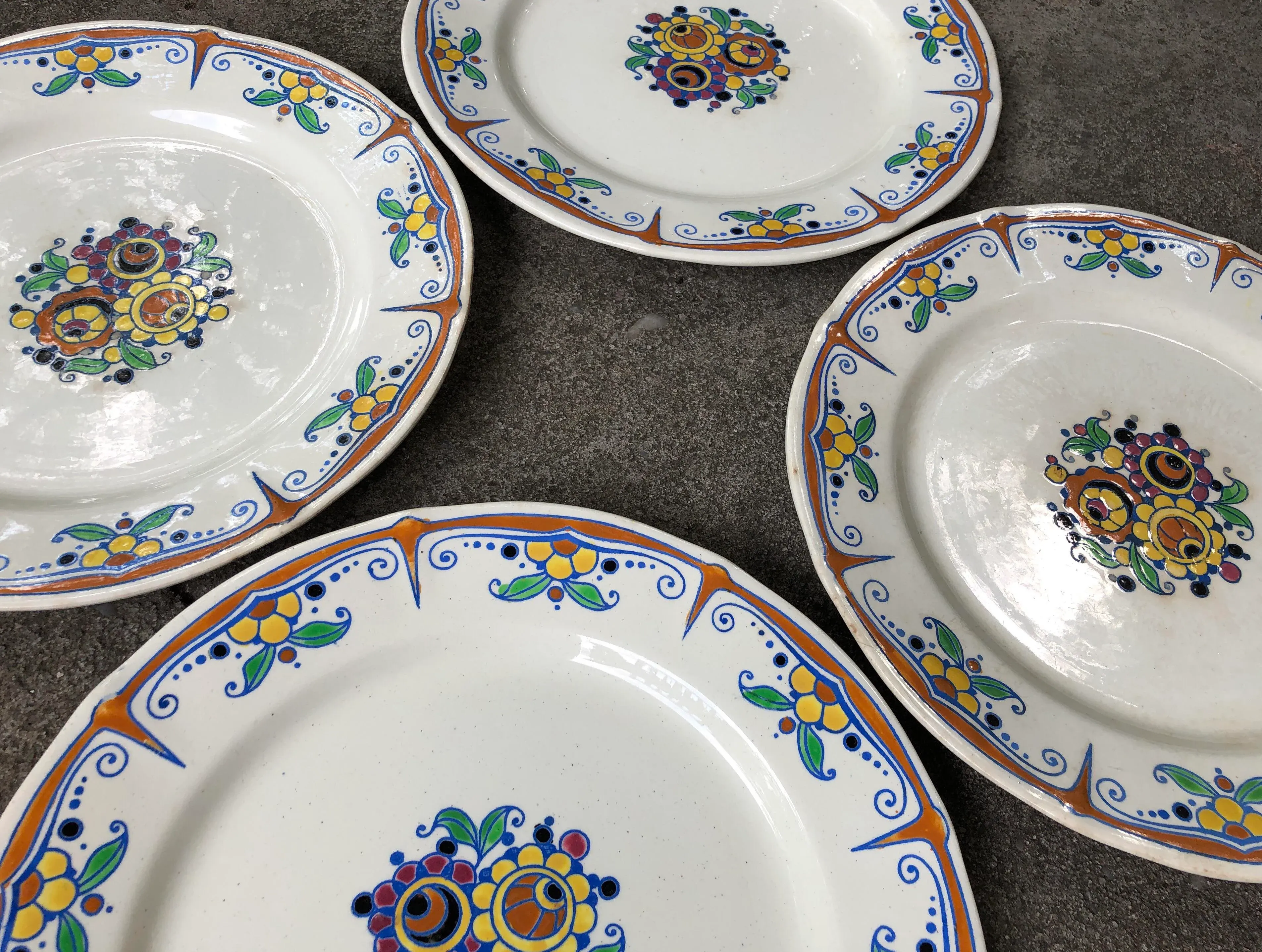 Keramis Boch Freres Belgium Art Deco Floral Painted Plates - Set