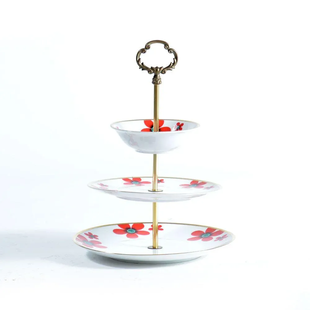 Three Layer Cake Stand in Brass and Porcelain, Czechoslovakia, 1950s