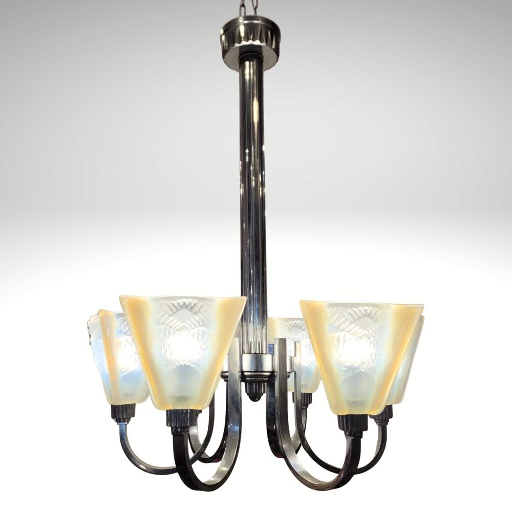 Pendant Light in Glass and Nickel-Plated Metal from Atelier Petitot Paris, 1930s