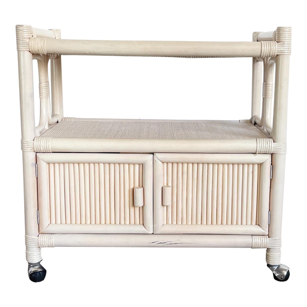 Boho Chic White Washed Bamboo Rattan and Wicker Bar Cart | Chairish